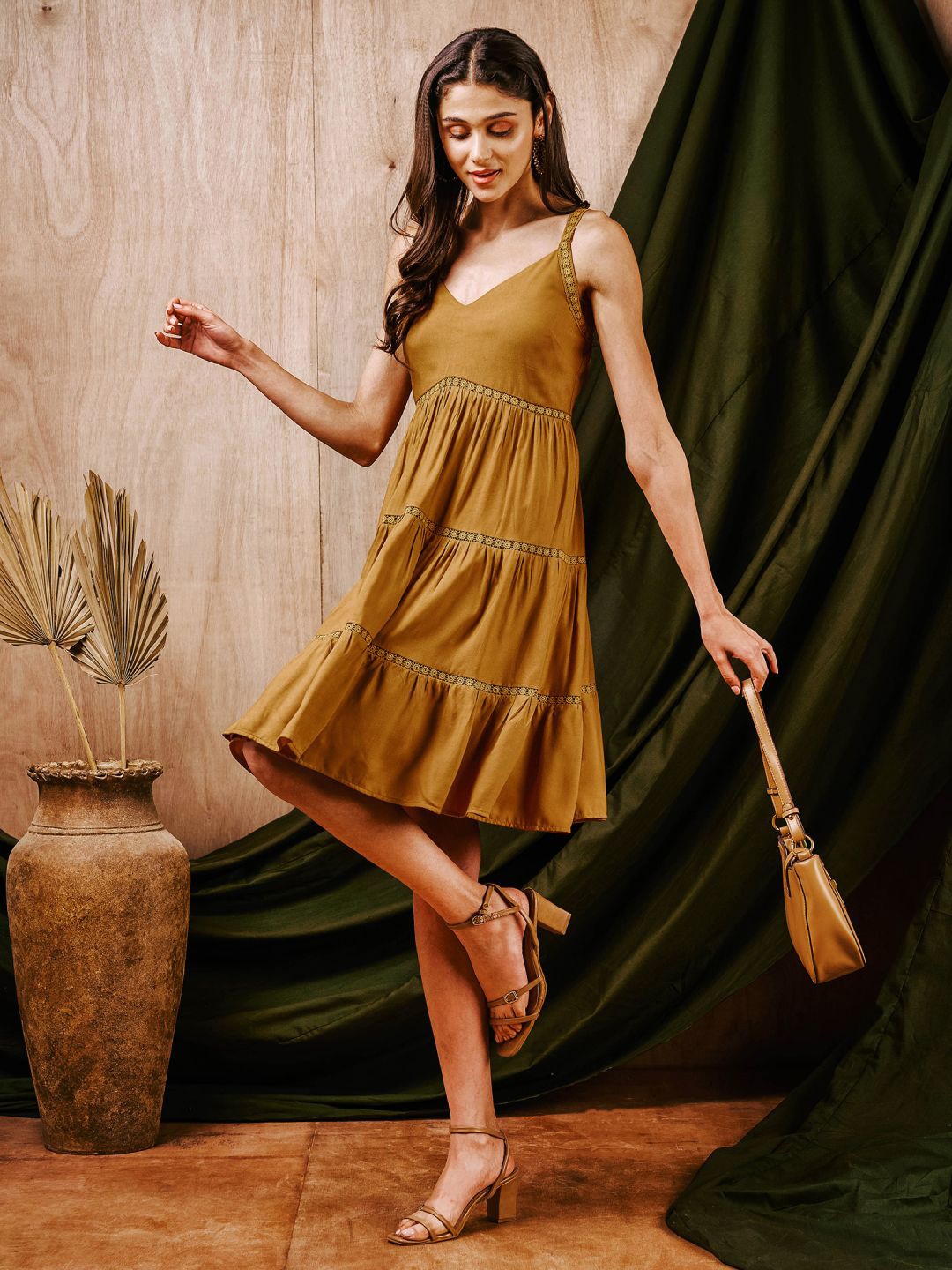 

MISH Women Shoulder Straps Gathered or Pleated Fit & Flare Dress, Mustard