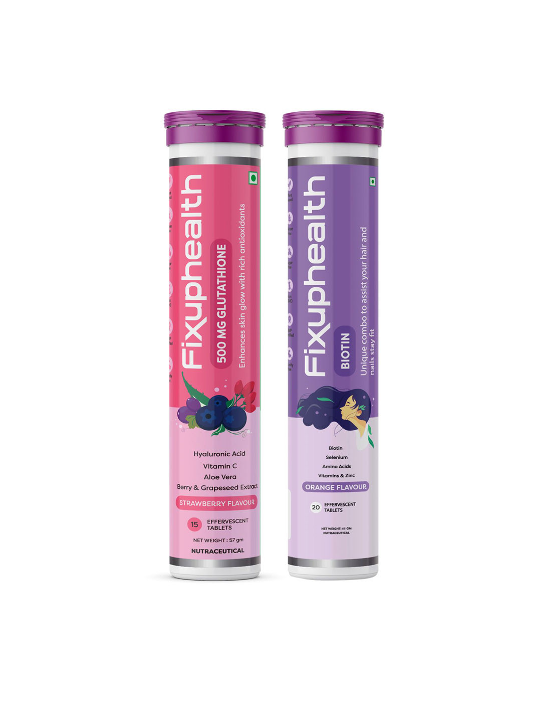 

Fixuphealth Set Of 2 Glutathione Vit C AloeVera 15Tablet & Biotin Selenium - 20 Tablets, Purple