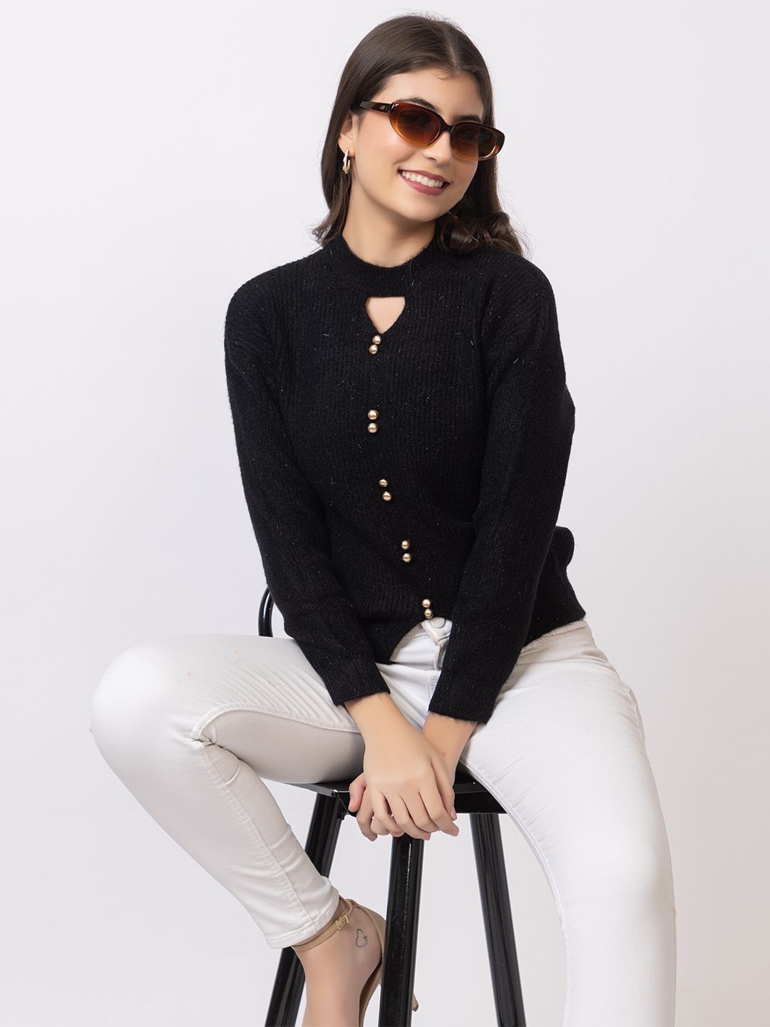 

GFO Women Solid Woollen Sweaters, Black