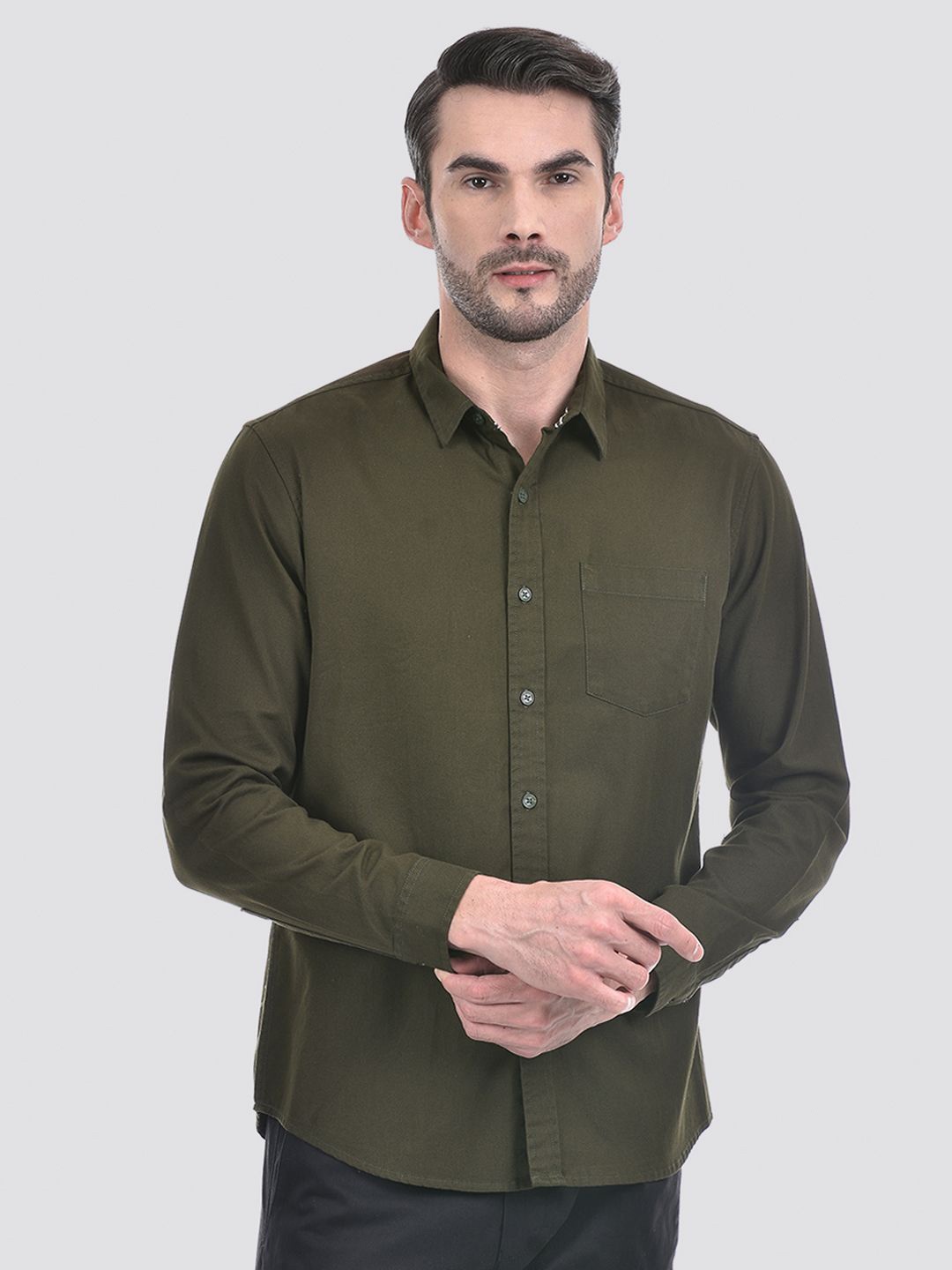 

Numero Uno Men Spread Collar Solid Cotton Slim Fit Casual Shirt, Olive