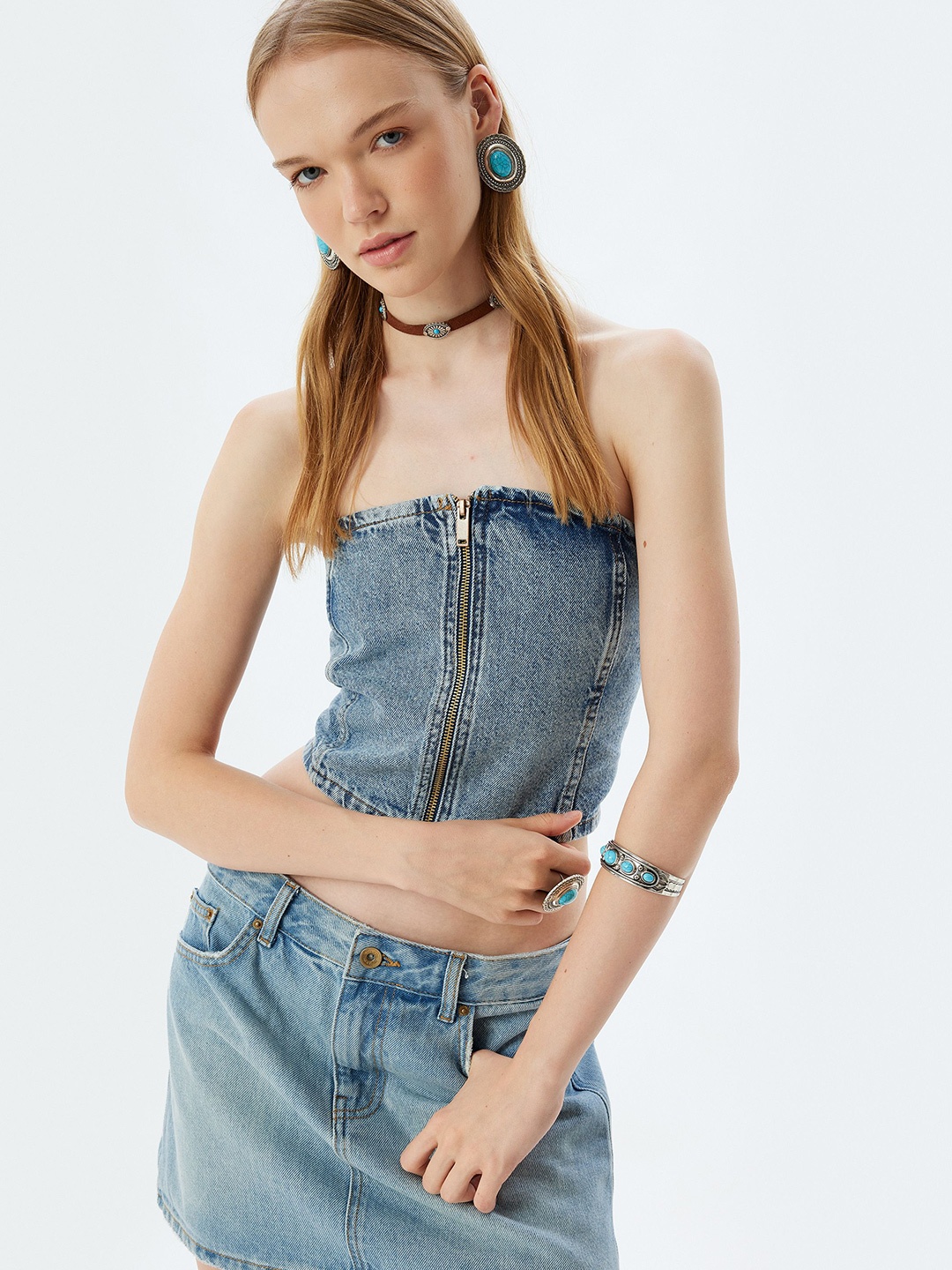 

Koton Women Solid Strapless Cotton Top, Blue