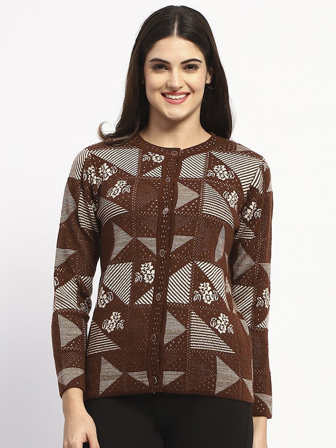 

Madame Women Floral Self Design Cardigan Sweater, Brown