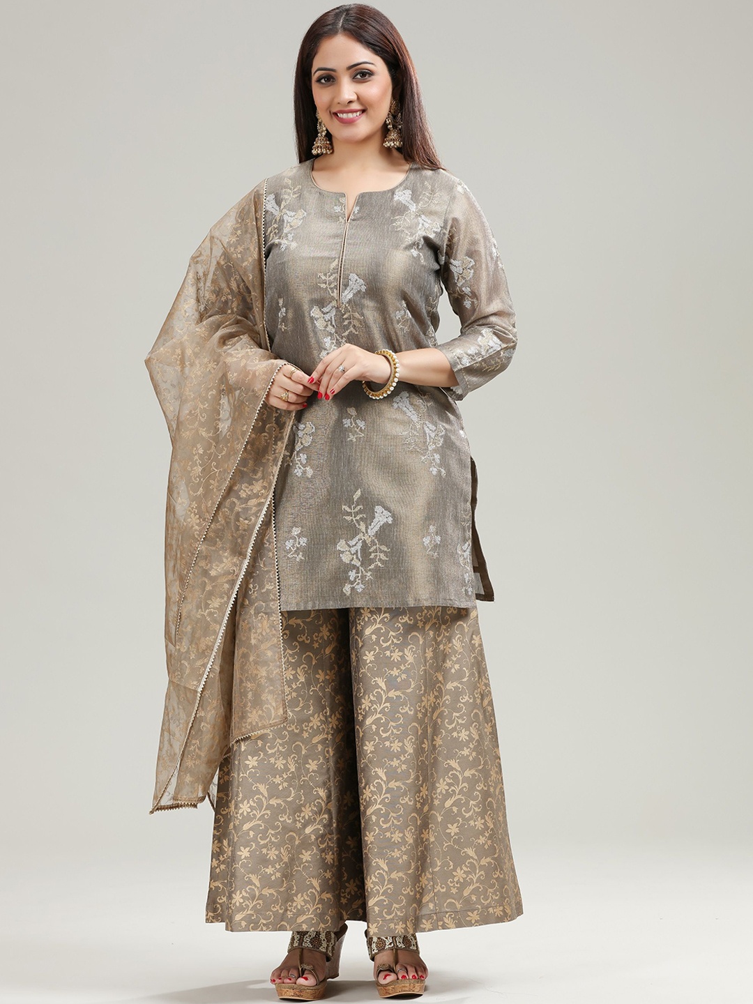

COTTON CULTURE Women Floral Embroidered Regular Kurti with Palazzos & With Dupatta, Brown
