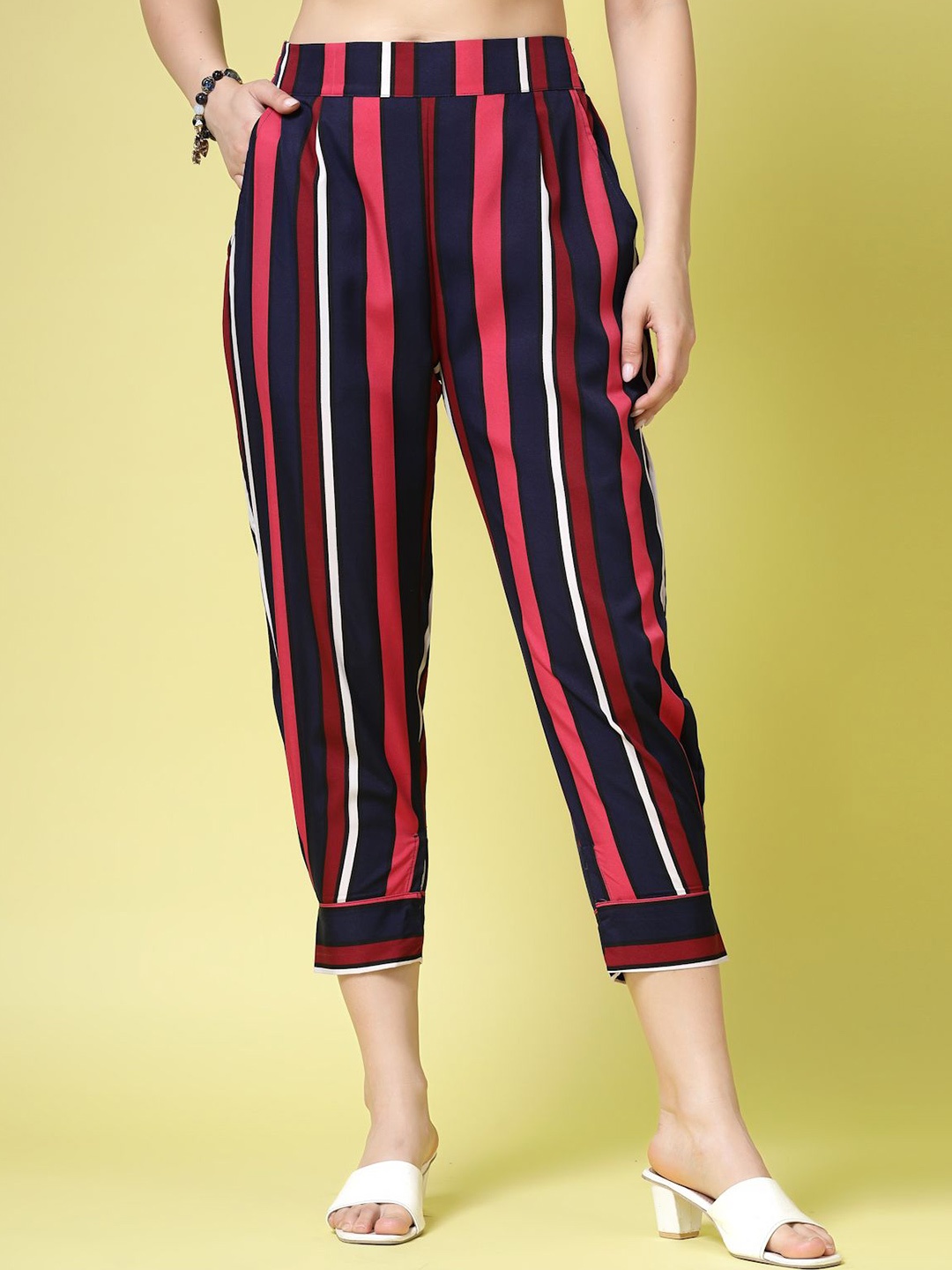

BEING NAUGHTY Women High-Rise Striped Straight Fit Trousers, Pink