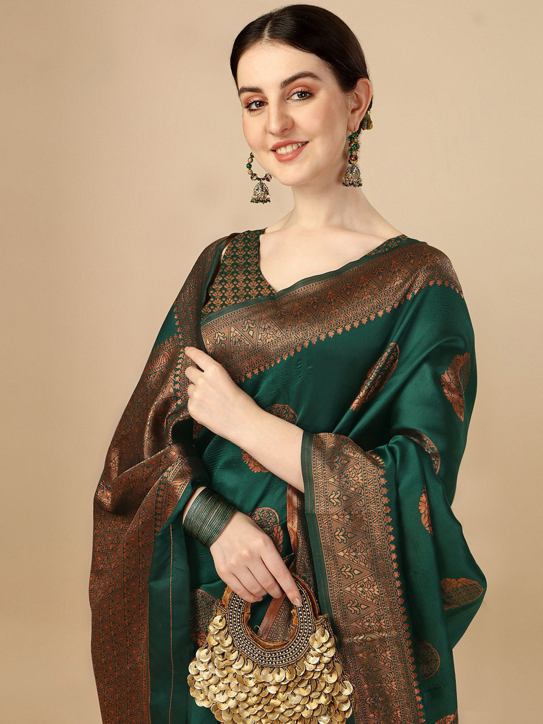 

QENY Floral Woven Design Zari Banarasi Saree, Green