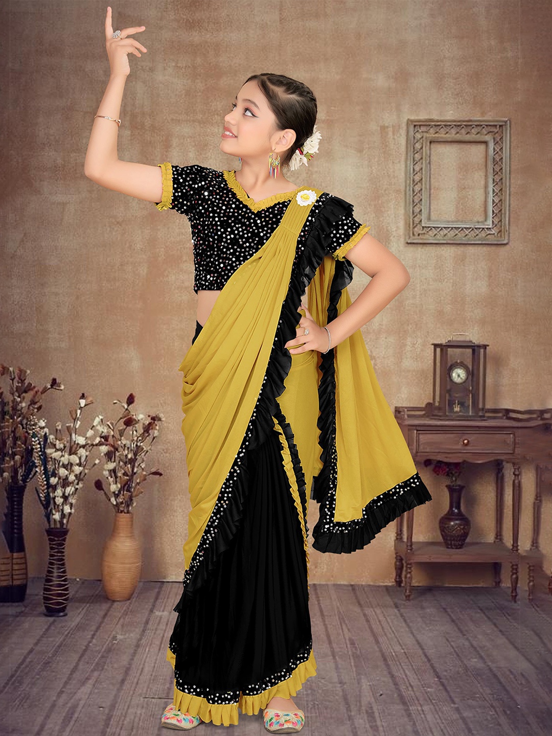 

HARPITA Sequinned Ready to Wear Ruffles Saree, Mustard