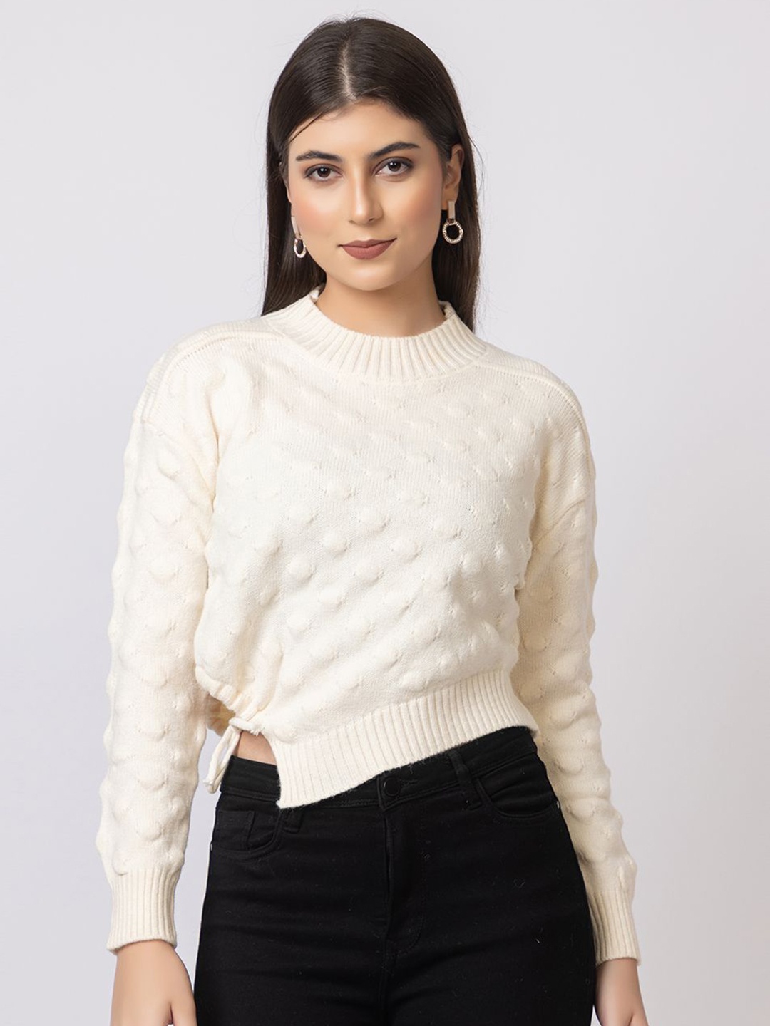 

GFO Women Solid Woolen Crop Side Knot Tops Type Sweaters, Cream