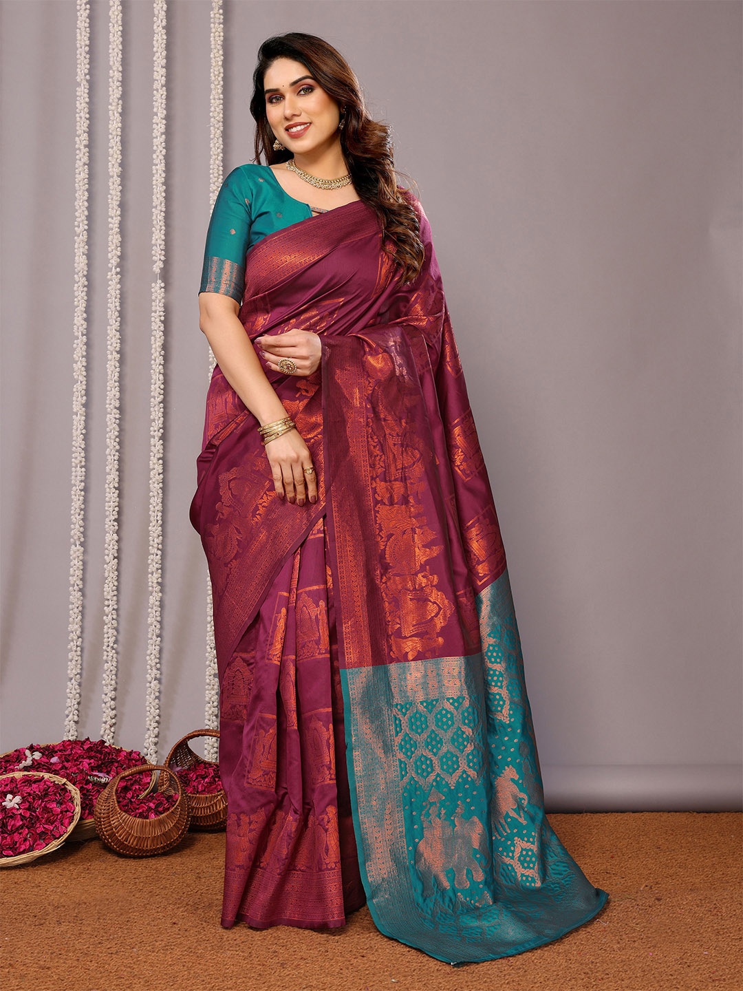 

QENY Woven Design Zari Banarasi Saree, Purple