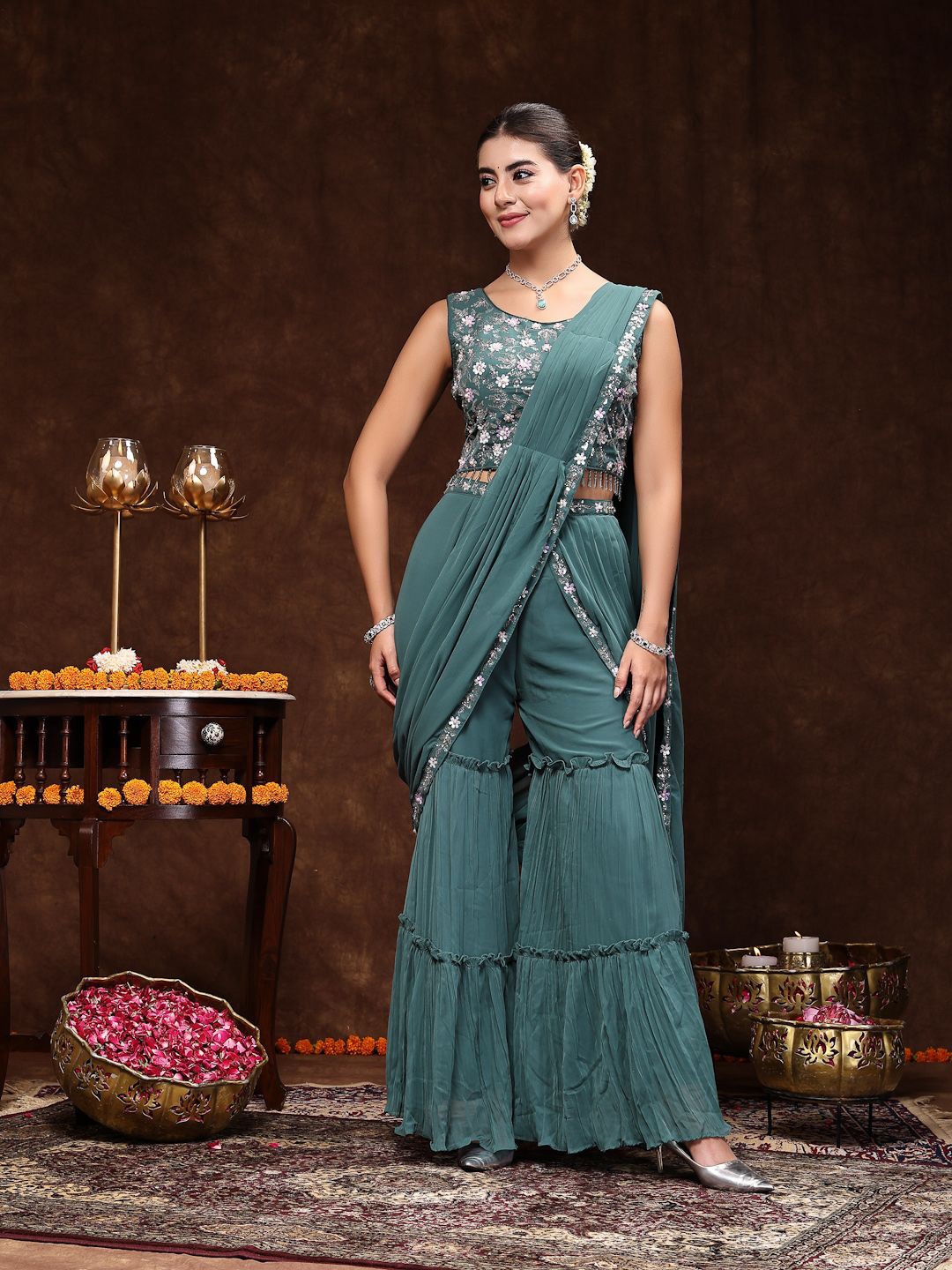 

Stylum Aqua Ready To Wear Georgette Saree With Stitched Blouse, Turquoise blue