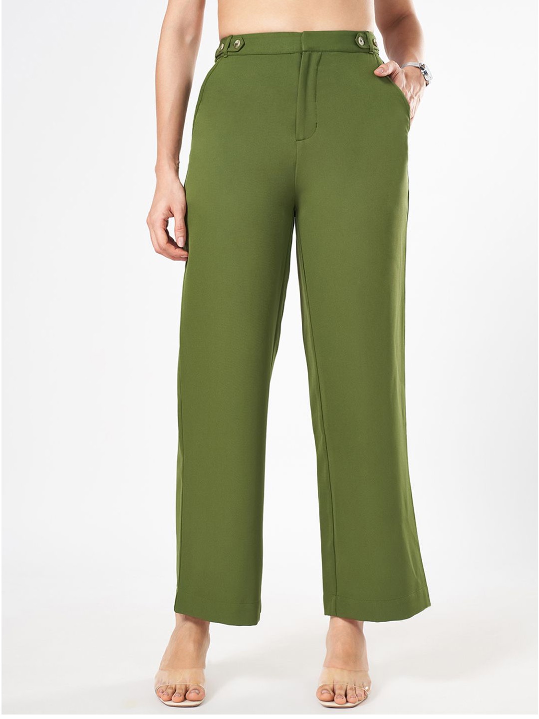 

Annabelle by Pantaloons Women Flared High-Rise Parallel Trousers, Olive
