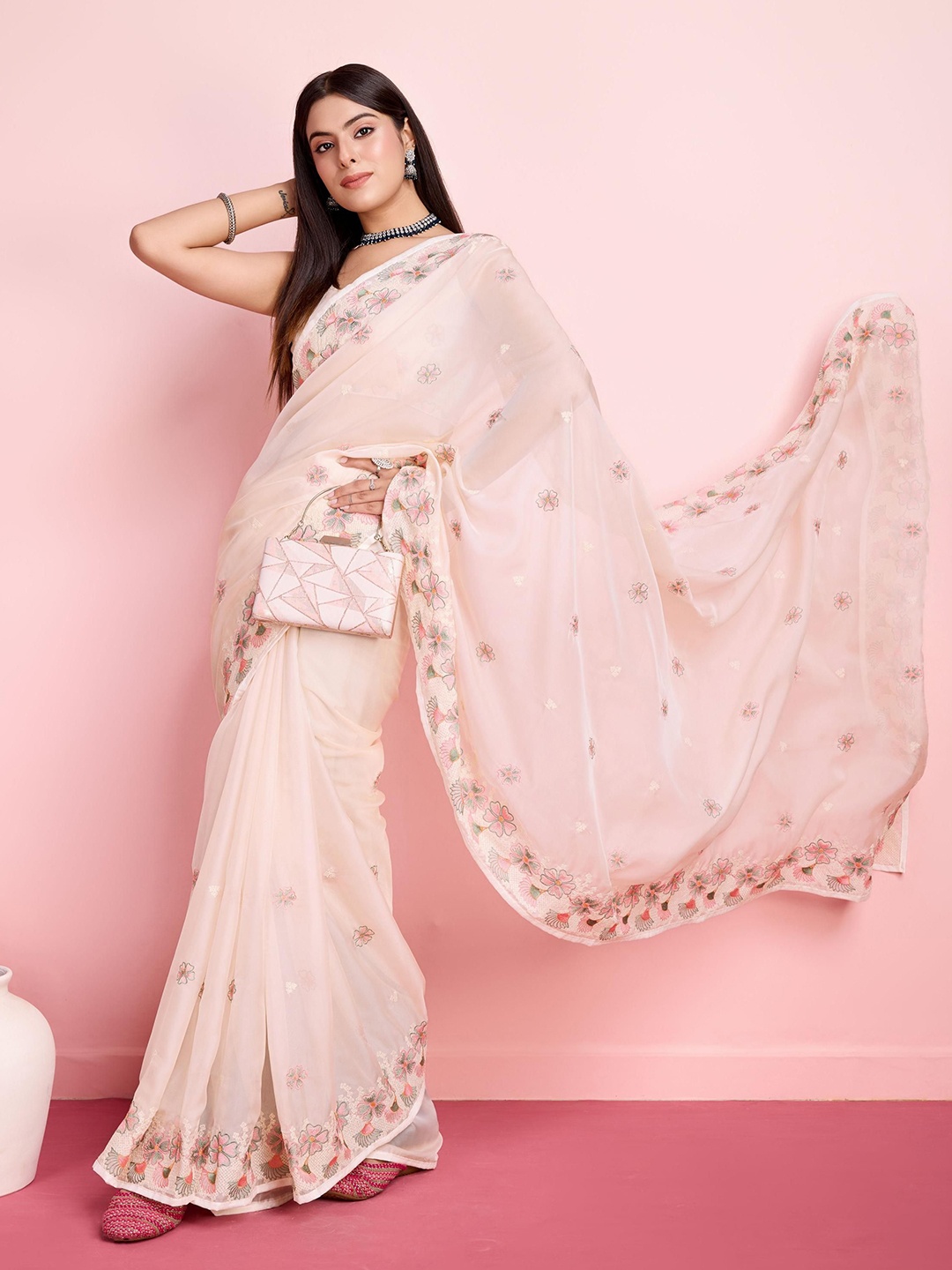 

VAIRAGEE Ethnic Motifs Embroidered Organza Ready to Wear Saree, Cream