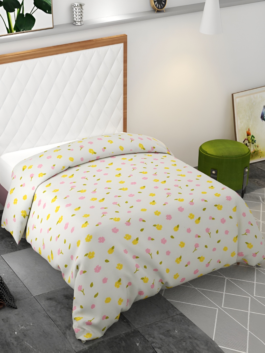 

BELVOSTUM White & Yellow Printed Pure Cotton Duvet Cover, Pink