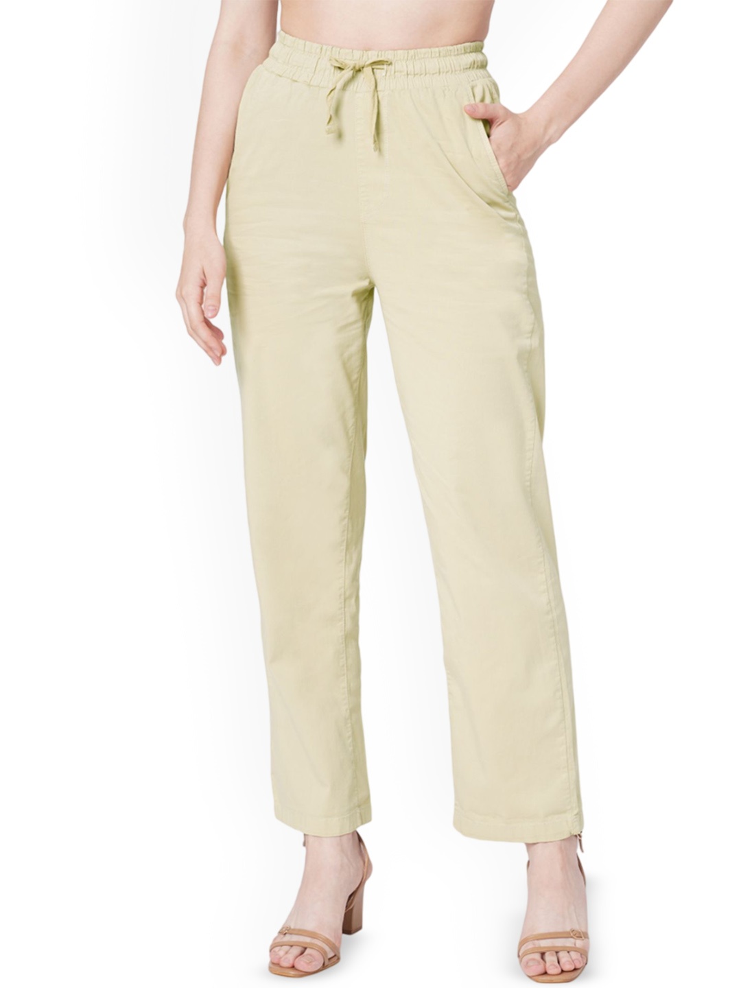 

Kraus Jeans Women Relaxed Loose Fit High-Rise Cotton Trouser, Beige