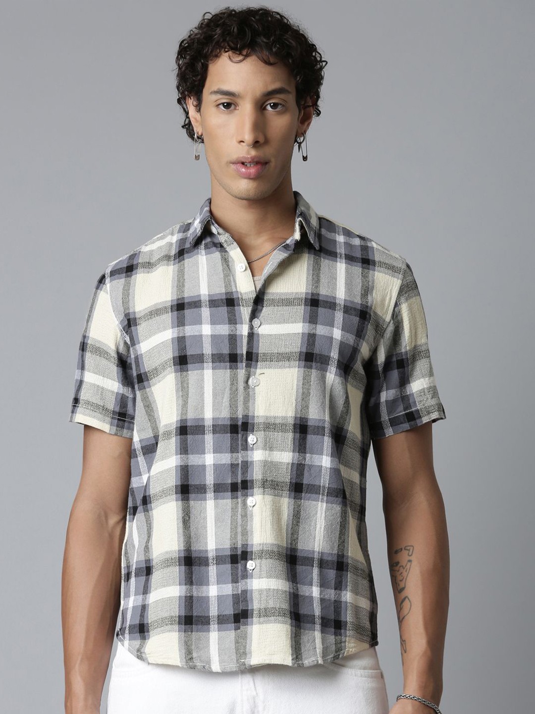 

ROLLER FASHIONS Men Spread Collar Tartan Checked Cotton Slim Fit Casual Shirt, Beige