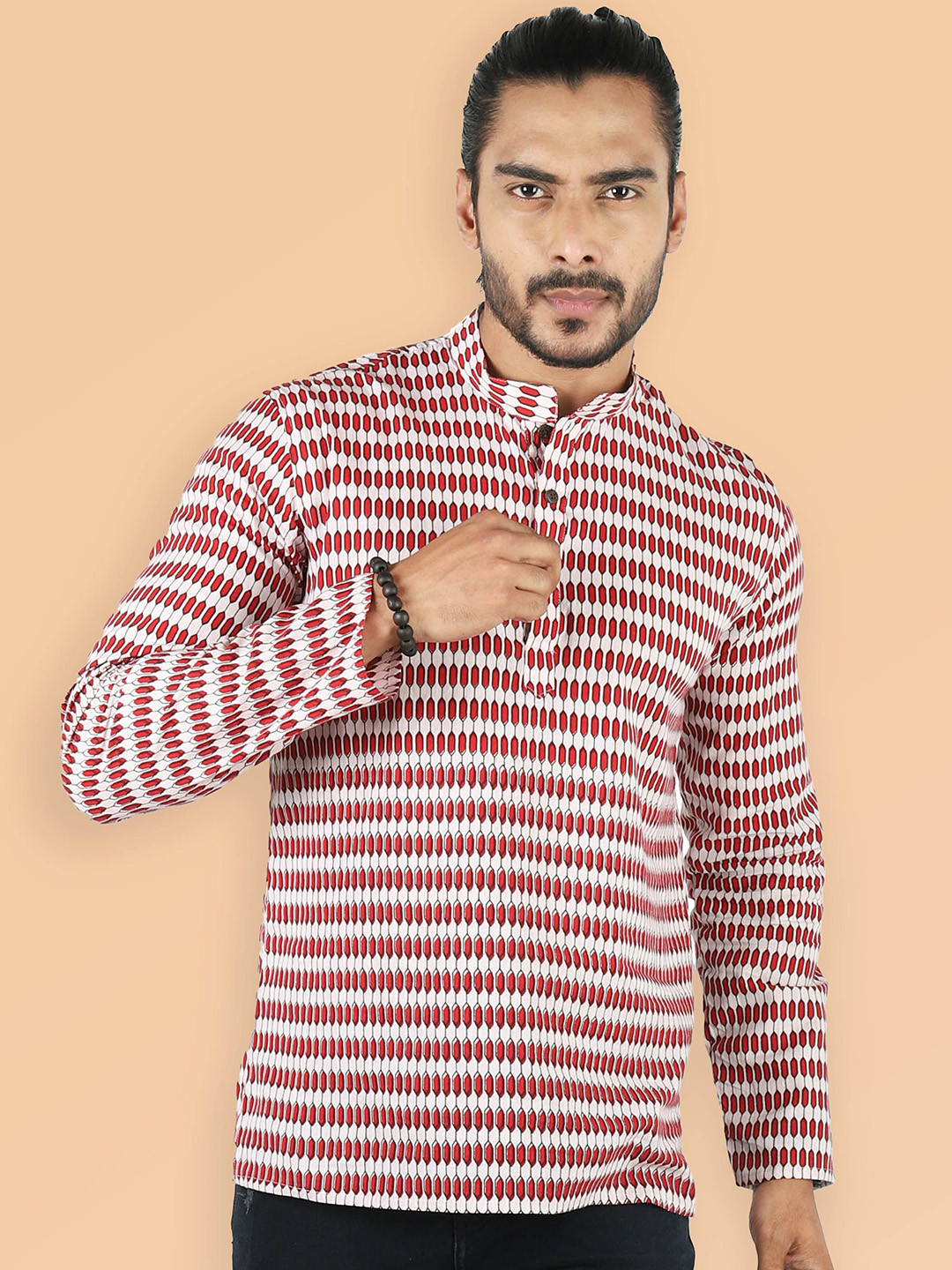 

ETHNIC FACTORY Men Striped Thread Work Kurta, Red