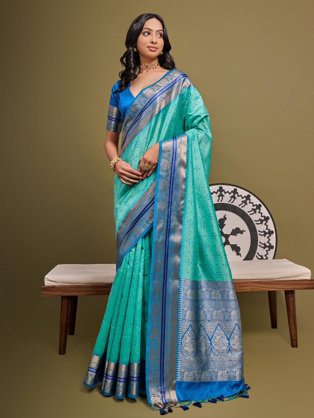 

Kandora Bandhani Zari Pure Silk Tussar Saree, Blue