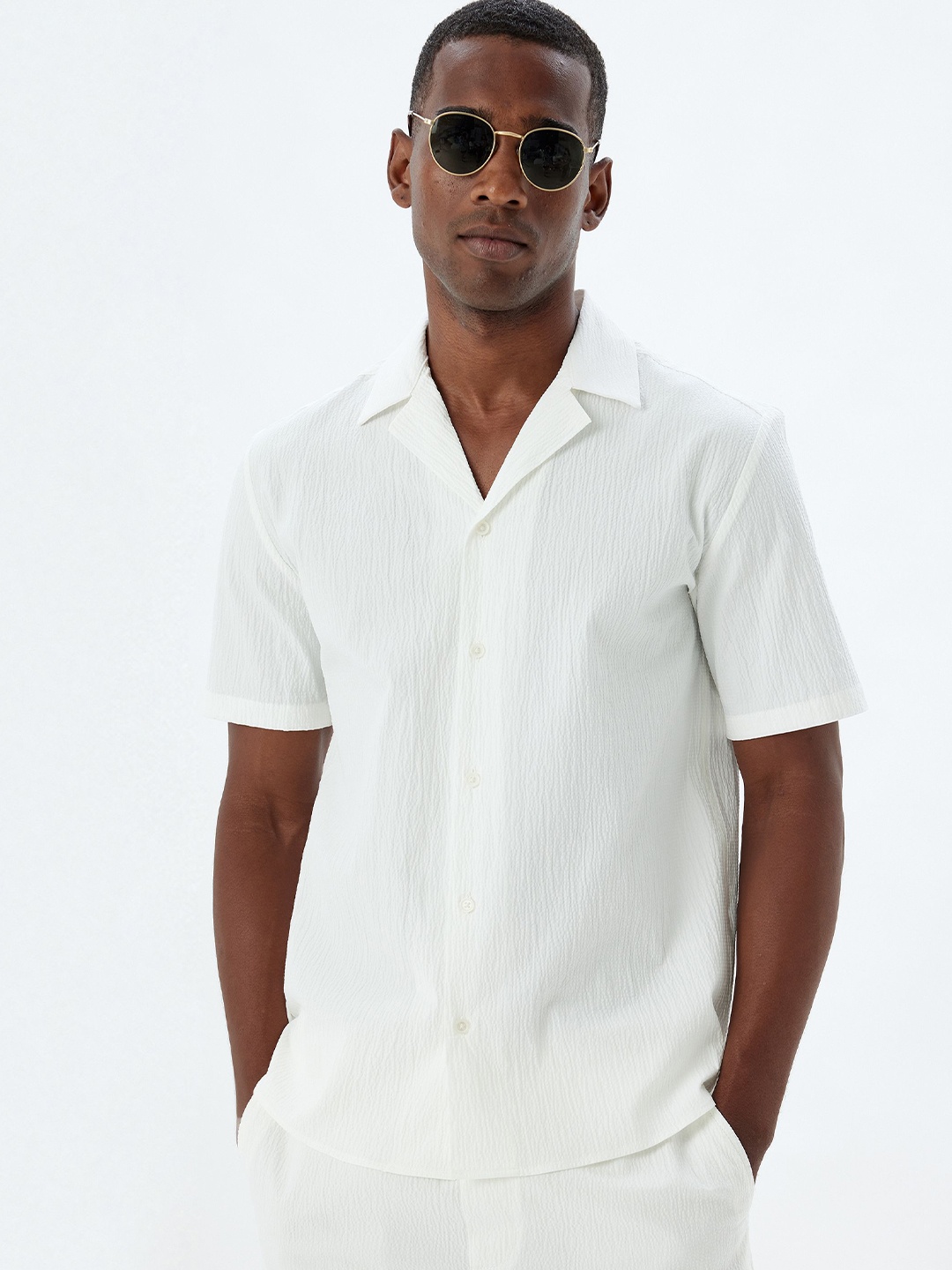 

Koton Men Cuban Collar Textured Cotton Casual Shirt, White