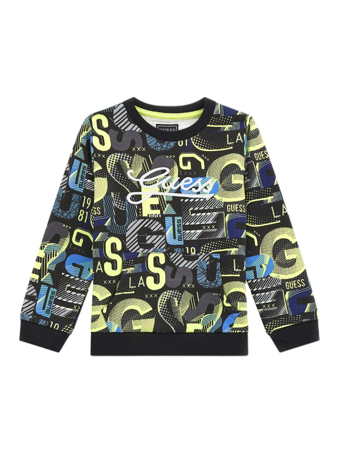 

GUESS kids Girls Typography Printed Round Neck Cotton Pullover Sweatshirt, Navy blue