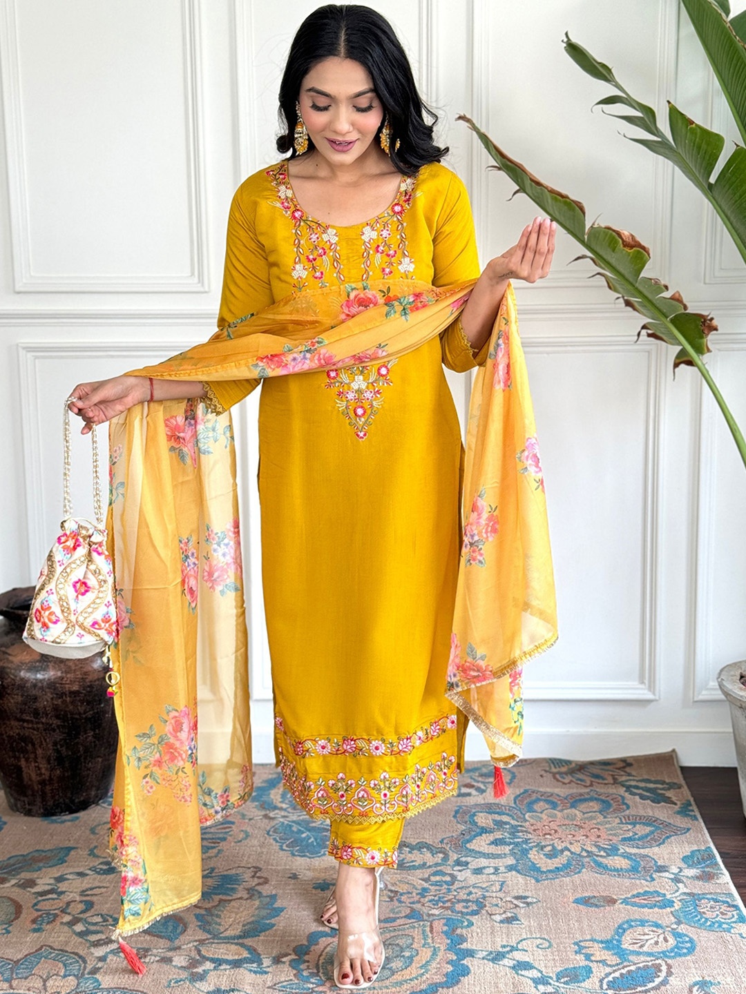 

KALINI Women Floral Embroidered Regular Thread Work Kurta with Trousers & Dupatta, Yellow