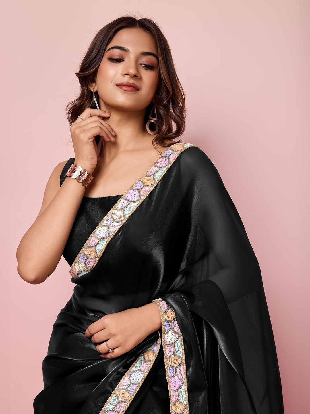 

VAIRAGEE Embroidered Ready to Wear Saree, Black