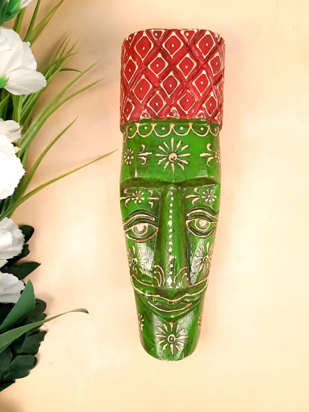 

apka mart Green & Red Wooden Nazar Battu Tribal Masks Wall Decor