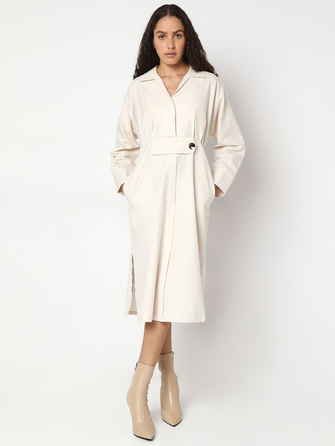 

Vero Moda Shirt Collar A-Line Midi Dress, Off white