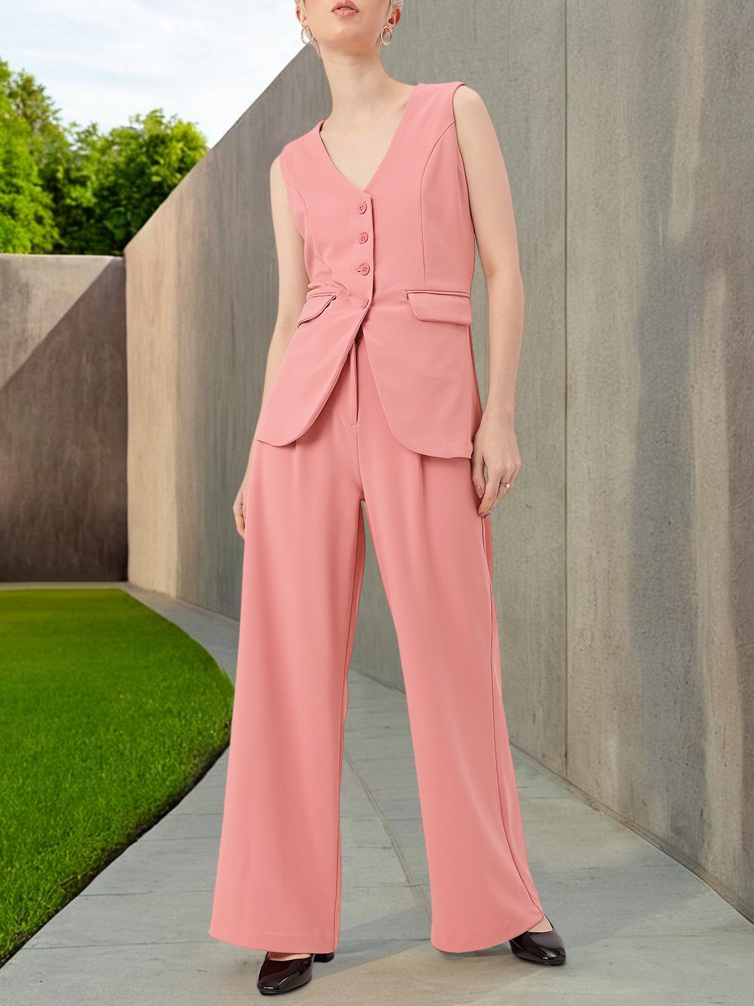

DressBerry Sweet Glamour V-Neck Top & Pleated Trousers Co-Ords, Pink