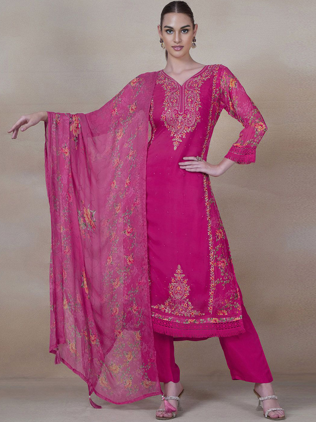 

Rang by Indya Women Floral Printed Regular Kurta with Trousers & With Dupatta, Pink