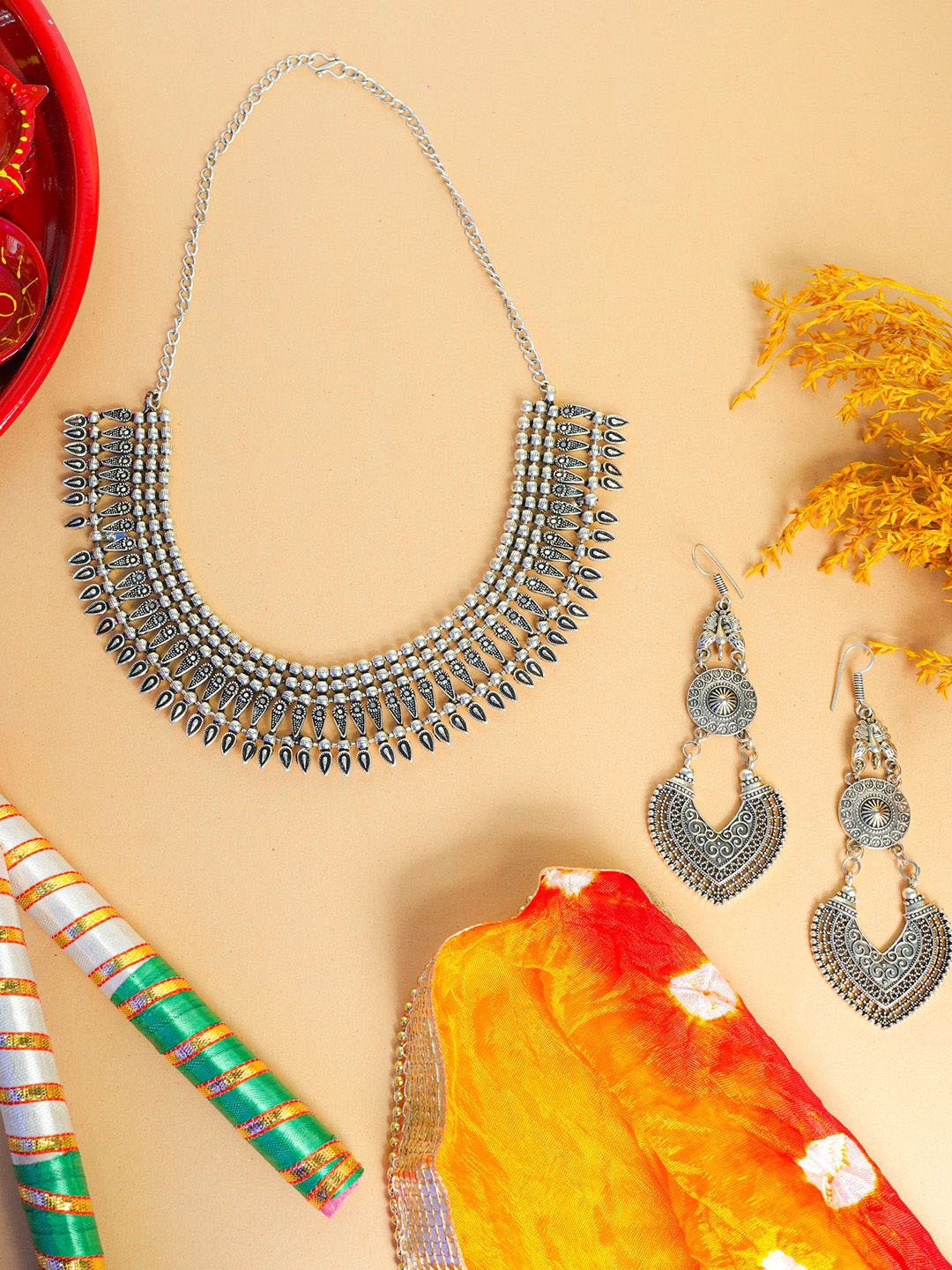 

VIRAASI Oxidised Jewellery Set With Dandiya & Dupatta Pooja Thali, Silver
