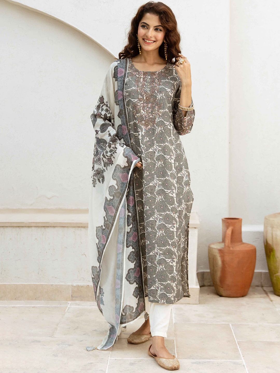 

Nehamta Women Floral Printed Regular Mirror Work Kurta with Trousers & Dupatta, Cream