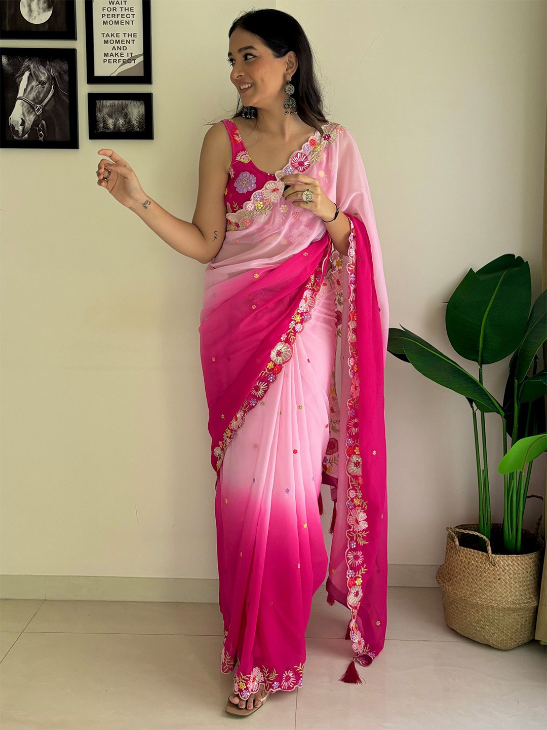 

Aika Ombre Embroidered Pure Georgette Saree, Pink