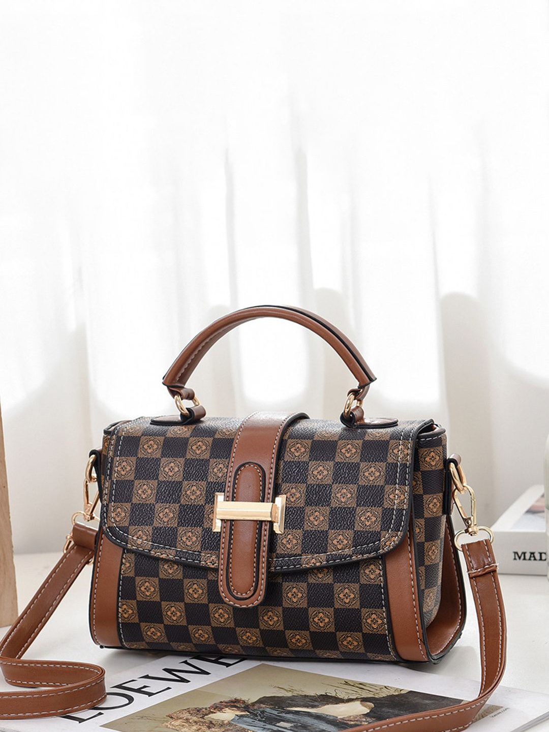 

Angeline Women Checked PU Structured Sling Bag with, Brown