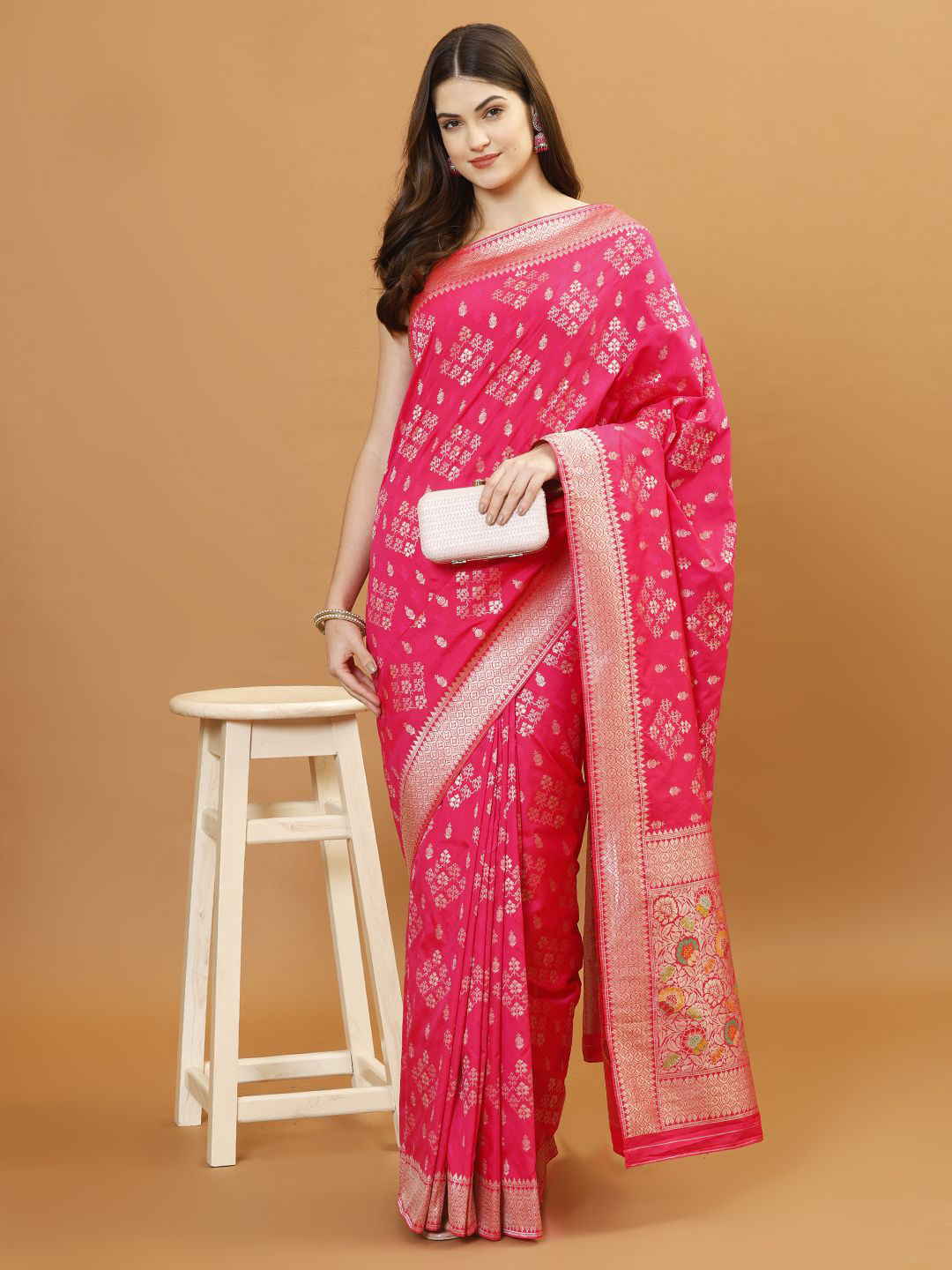 

Meena Bazaar Ethnic Motifs Woven Design Zari Banarasi Saree, Pink