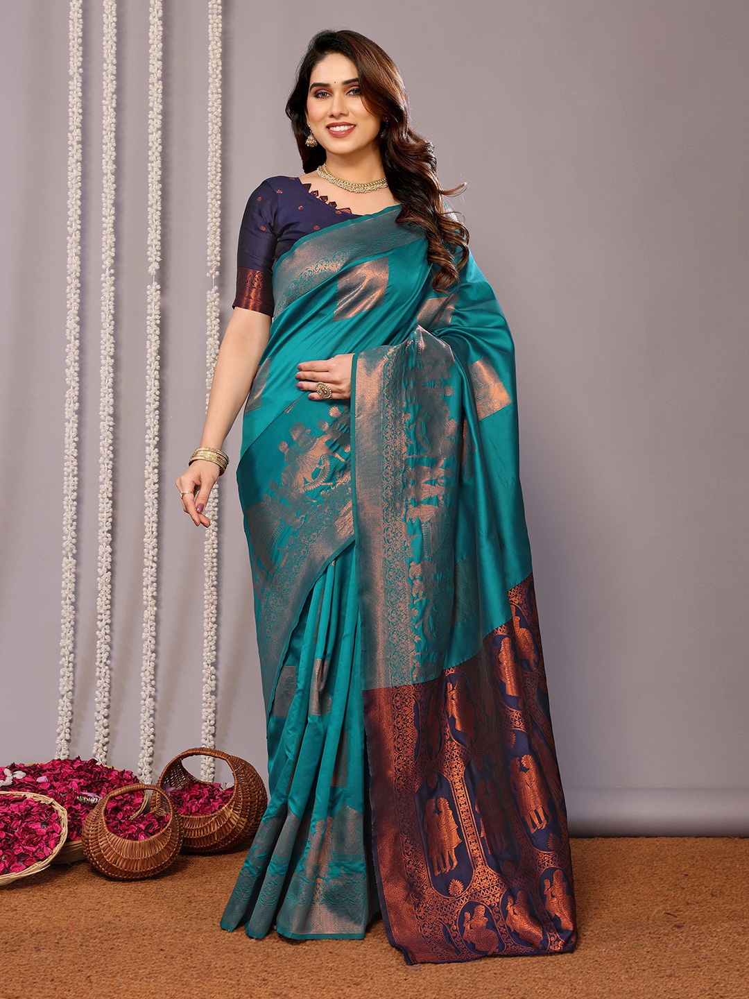 

QENY Woven Design Zari Banarasi Saree, Blue