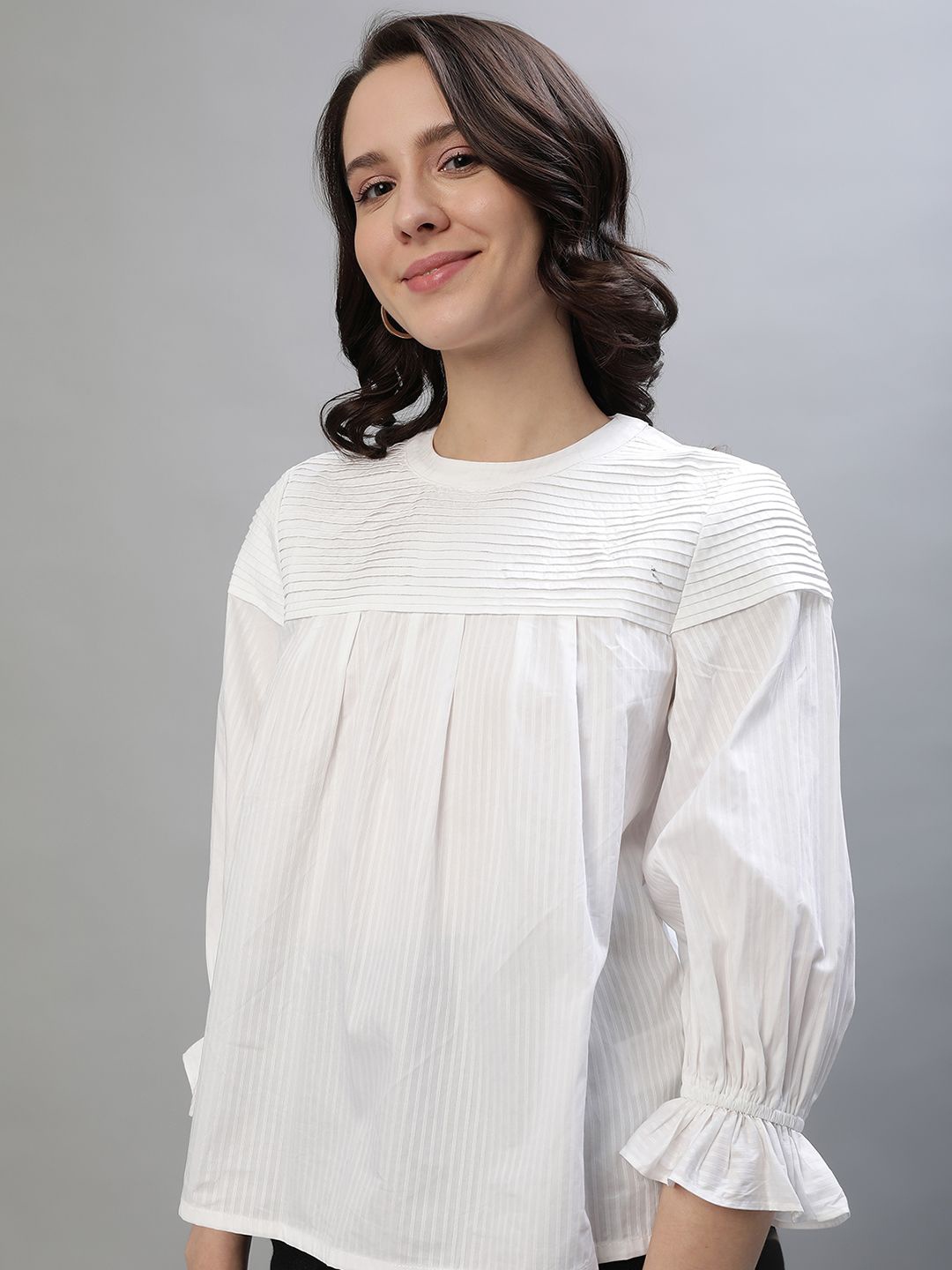 

Iconic Women Vertical Striped Round Neck Cotton Top, White