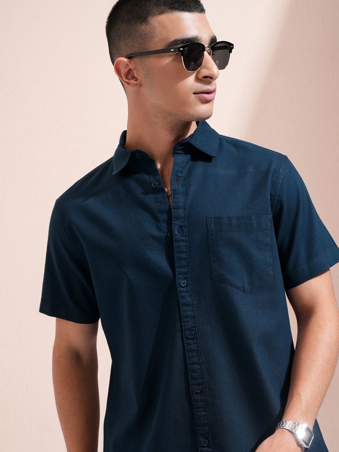 

Highlander Men Solid Button Down Casual Shirt, Navy blue
