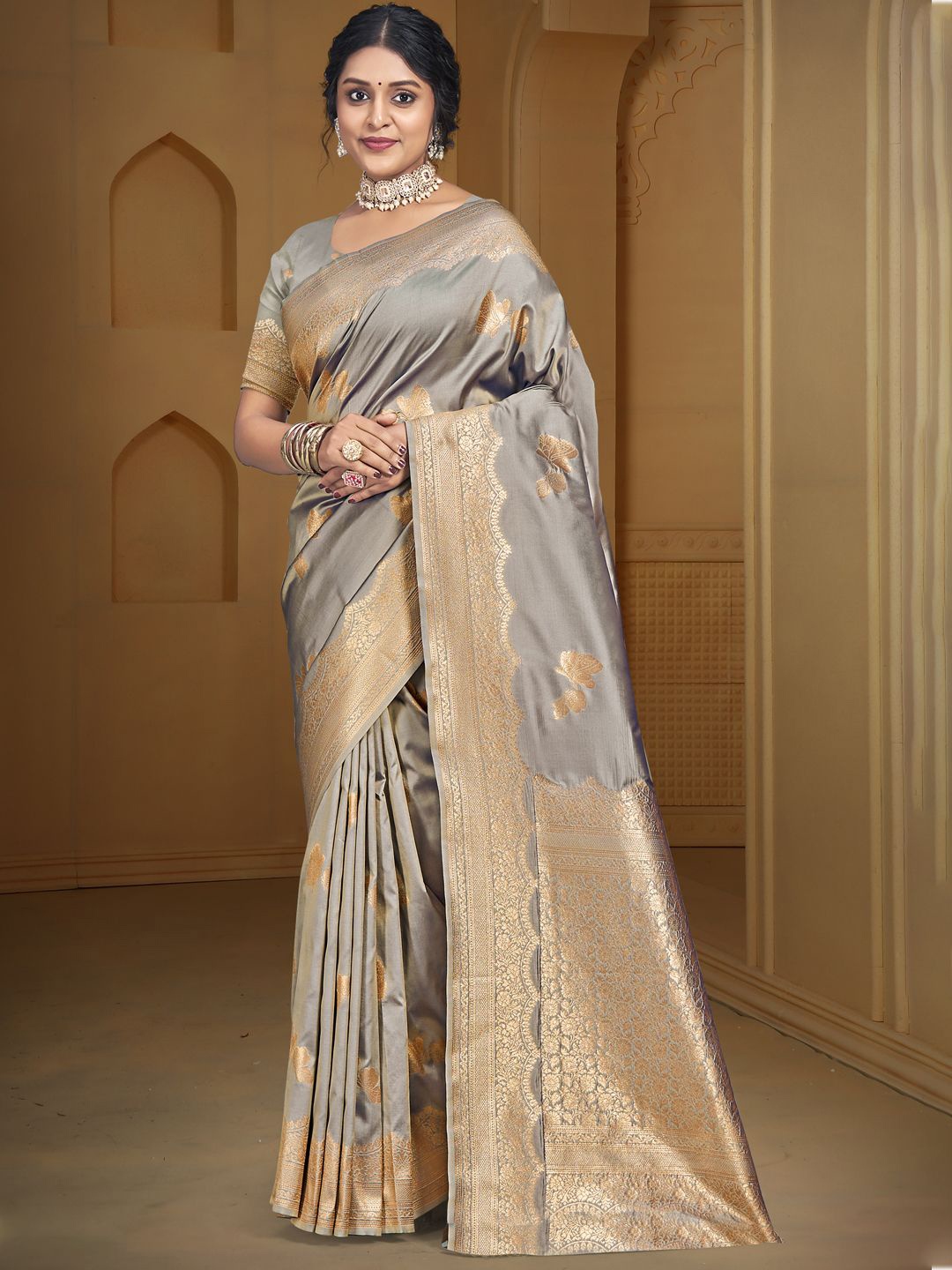 

SANGAM PRINTS Woven Design Zari Silk Blend Tussar Saree, Grey