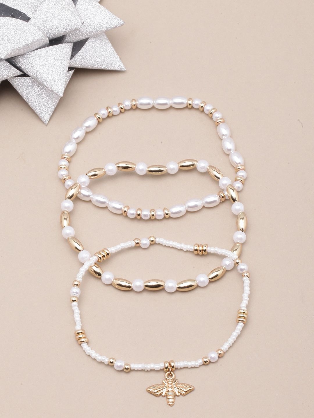 

KPOP Set Of 3 Gold-Plated Pearls Studded Charm Bracelets