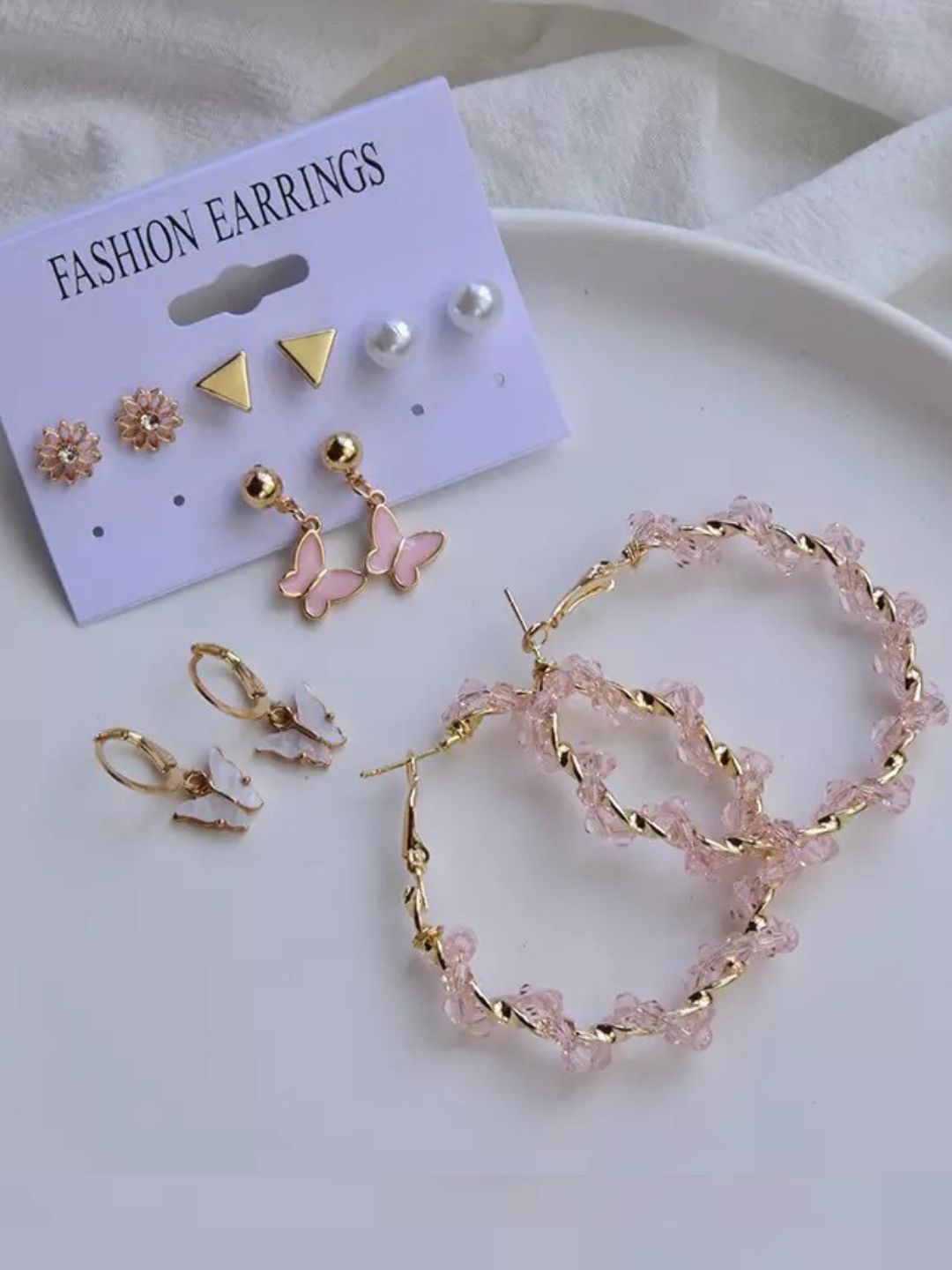 

Pinapes Set of 12 Gold-Plated Stone Studded & Beaded Studs & Drop Earrings