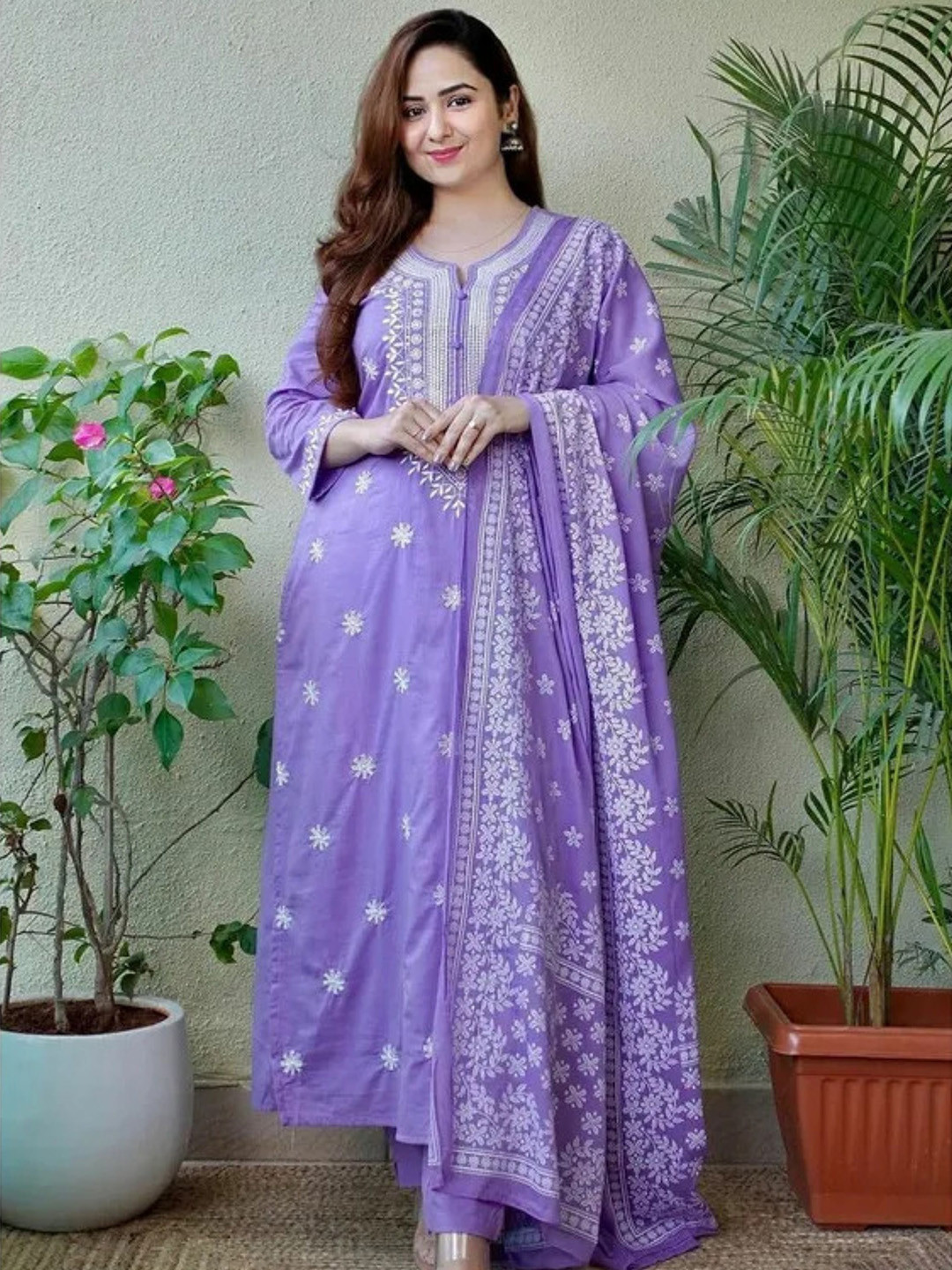 

KALINI Women Embroidered Regular Thread Work Cotton Kurta with Trousers & With Dupatta, Lavender