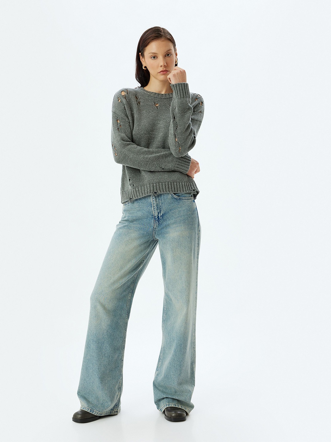 

Koton Women Cotton Self Design Cable Knit Pullover, Grey