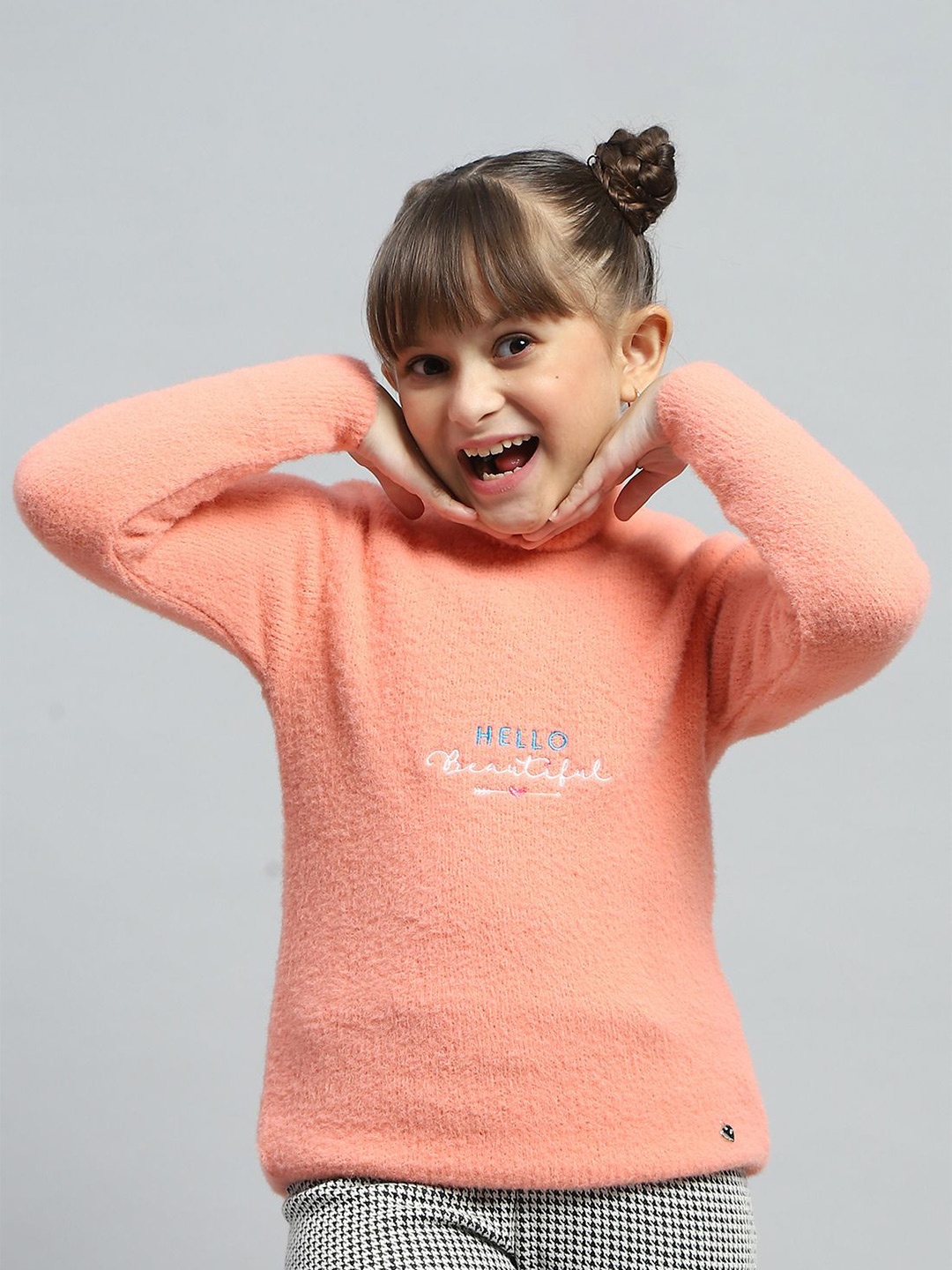 

Monte Carlo Girls Typography Embroidered Turtle Neck Fuzzy Woollen Pullover Sweaters, Peach