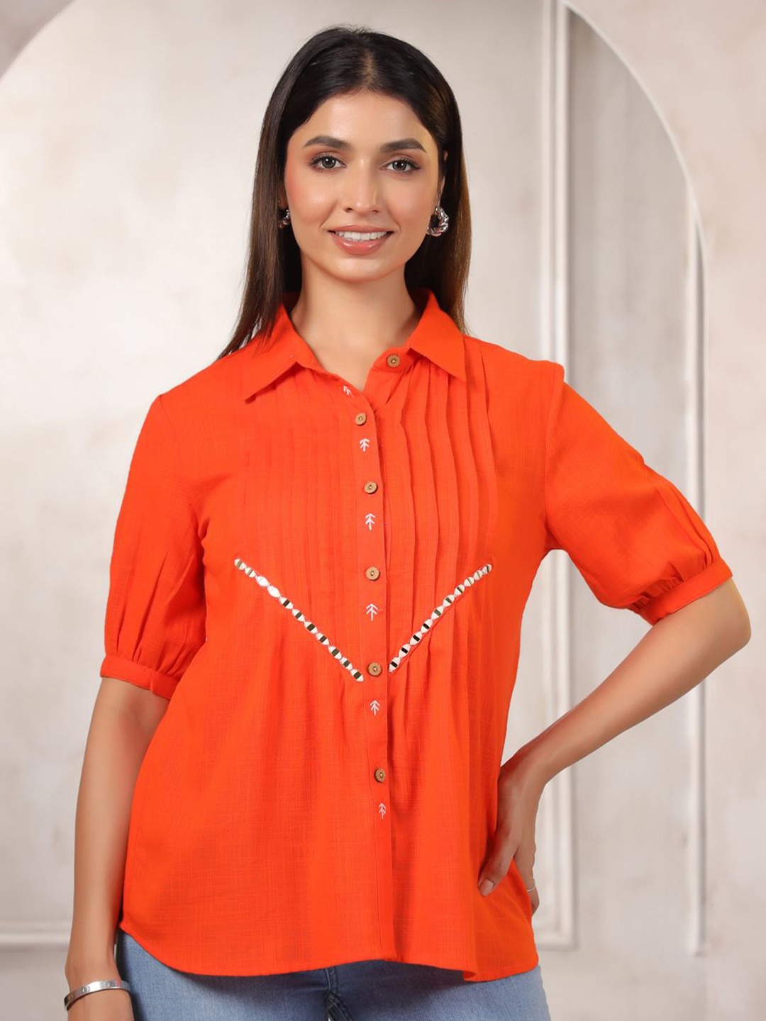 

LYFJ Women Solid Shirt Collar Cotton Top, Orange