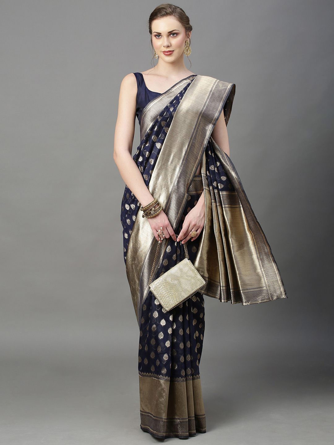 

KALINI Woven Design Zari Saree, Navy blue