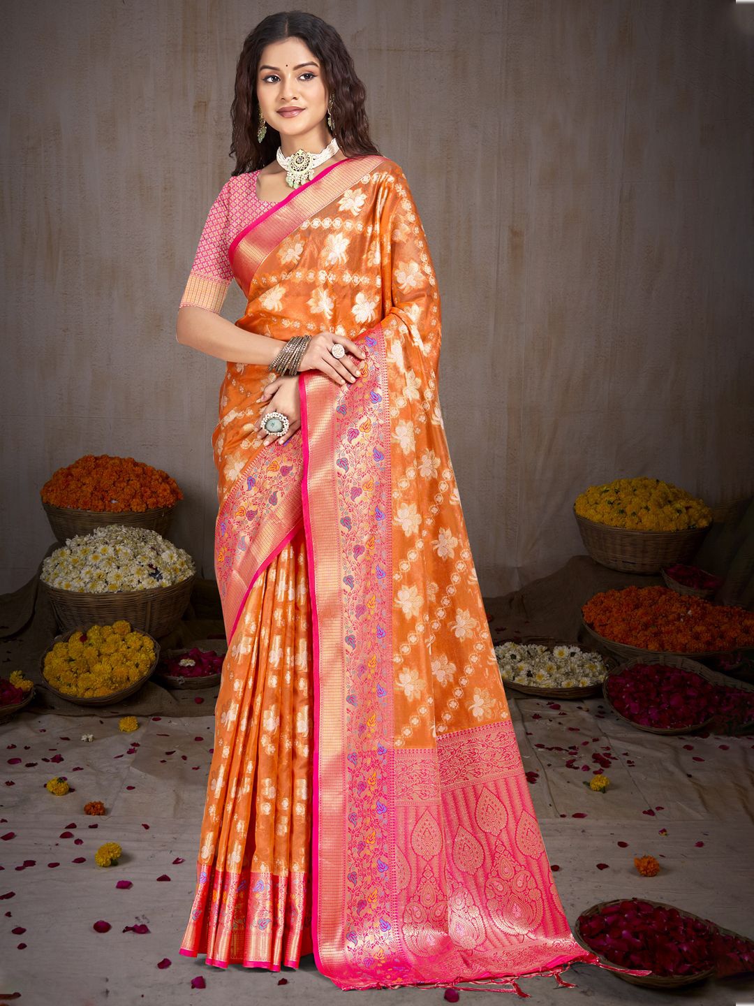 

SANGAM PRINTS Woven Design Zari Silk Blend Tussar Saree, Orange