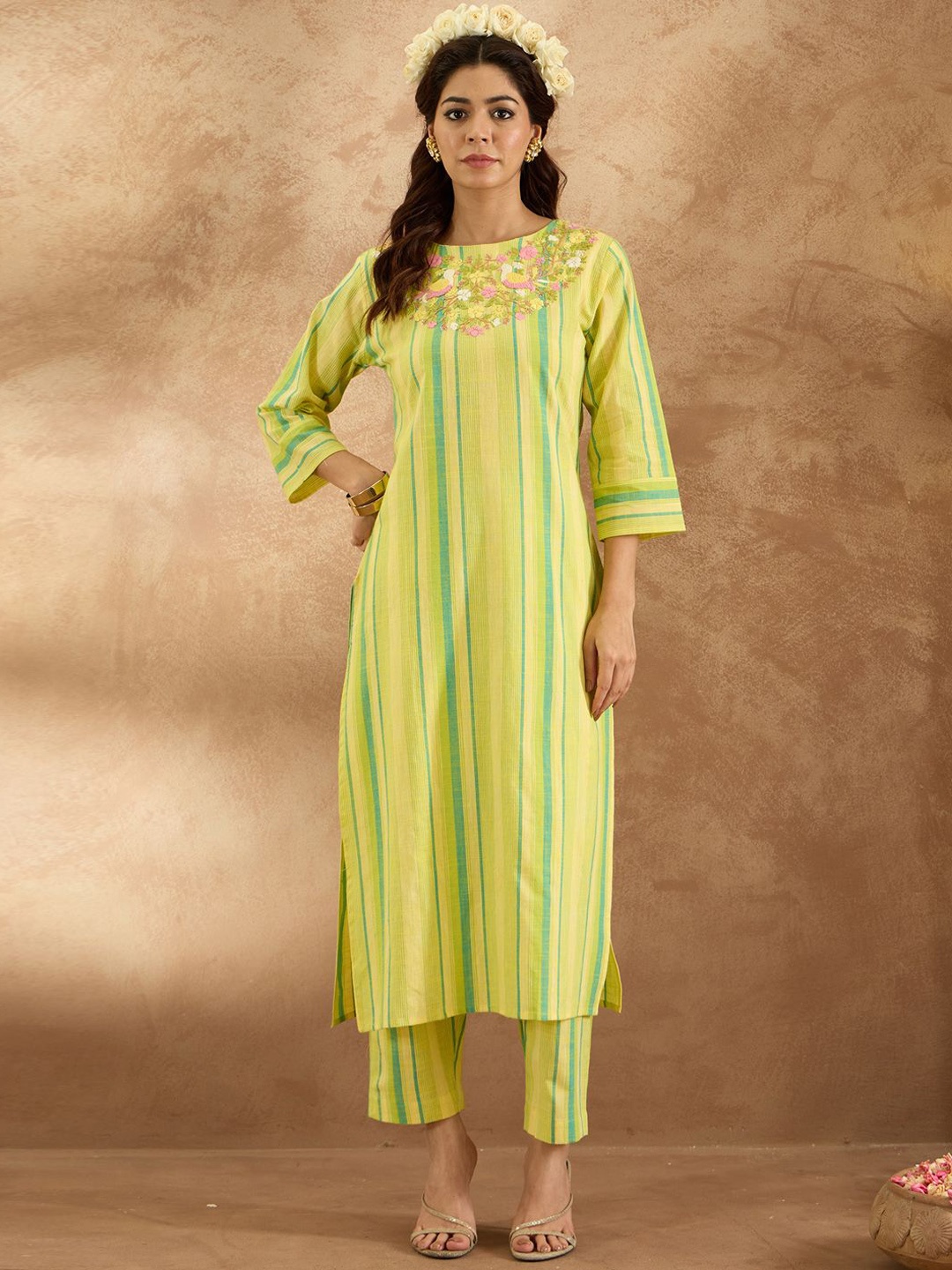 

Indo Era Women Floral Embroidered Regular Thread Work Pure Cotton Kurta with Trousers, Yellow