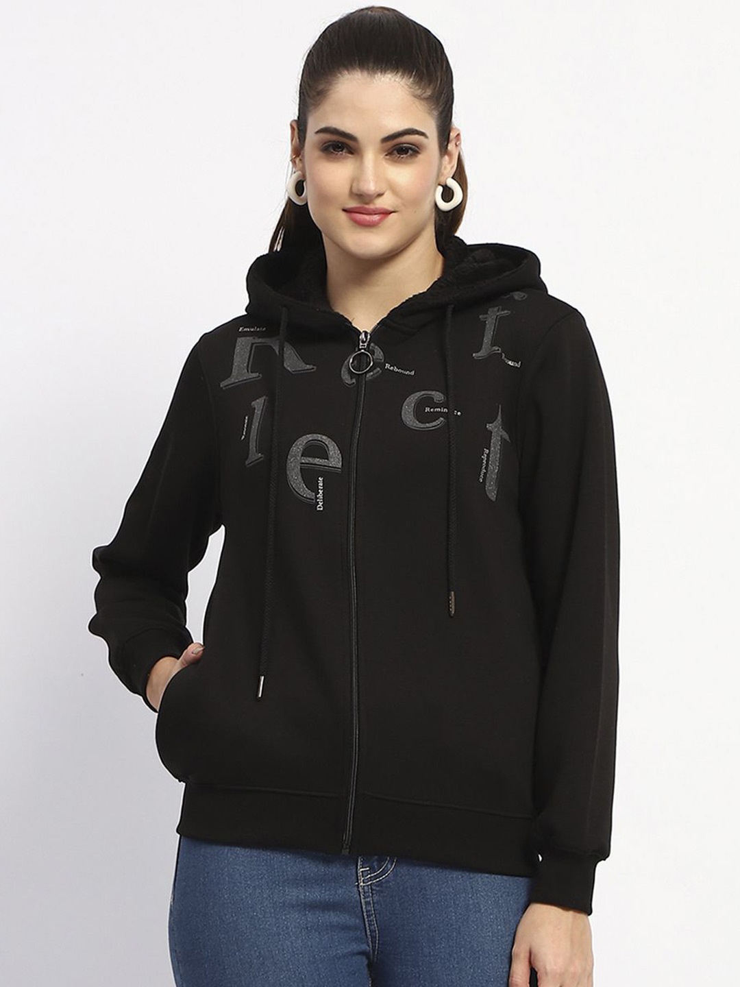 

Madame Women Typography Printed Hood Cotton Front-Open Sweatshirt, Black