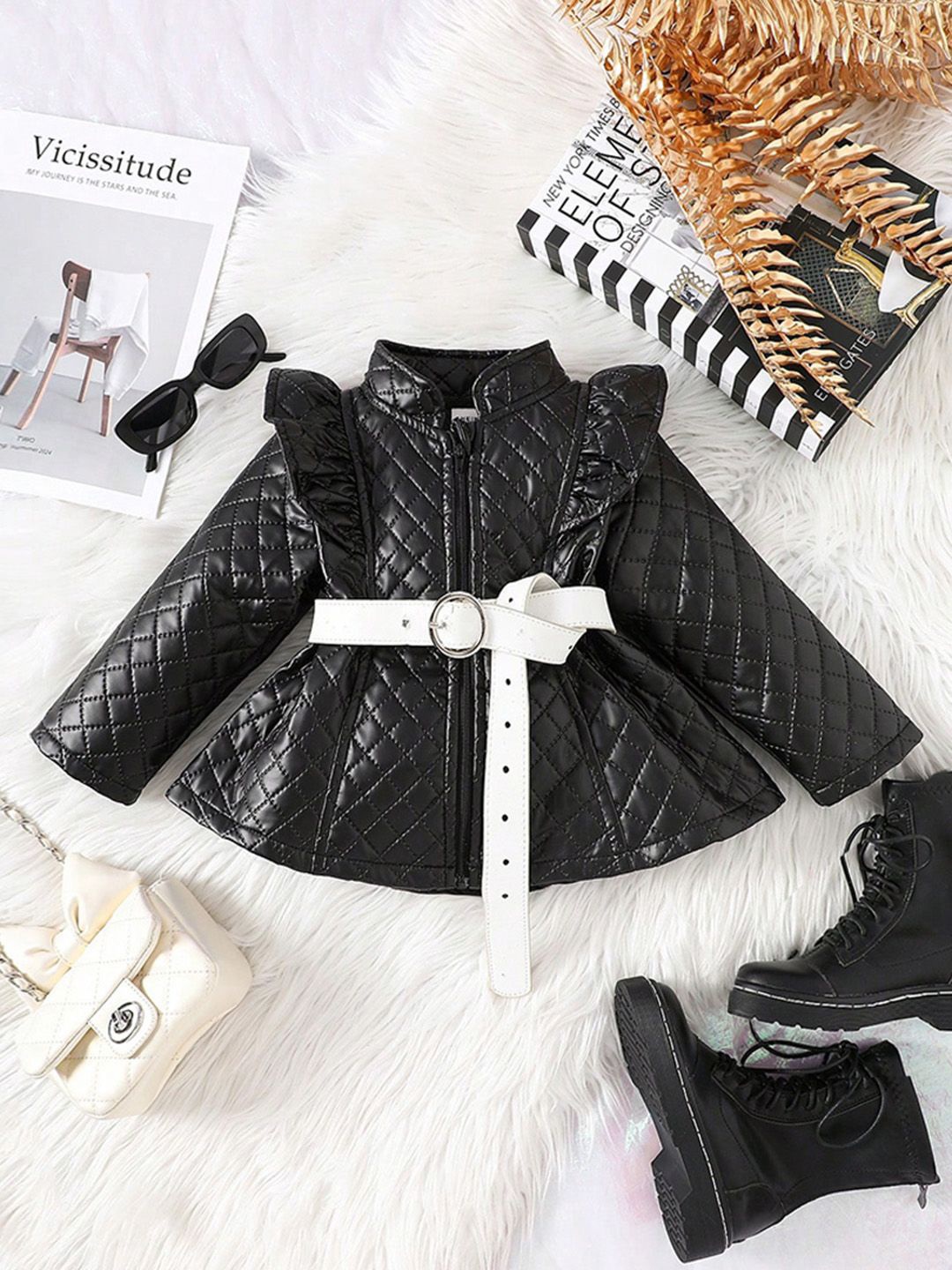 

INCLUD Girls Black Faux Leather Full Sleeves Jacket Dress