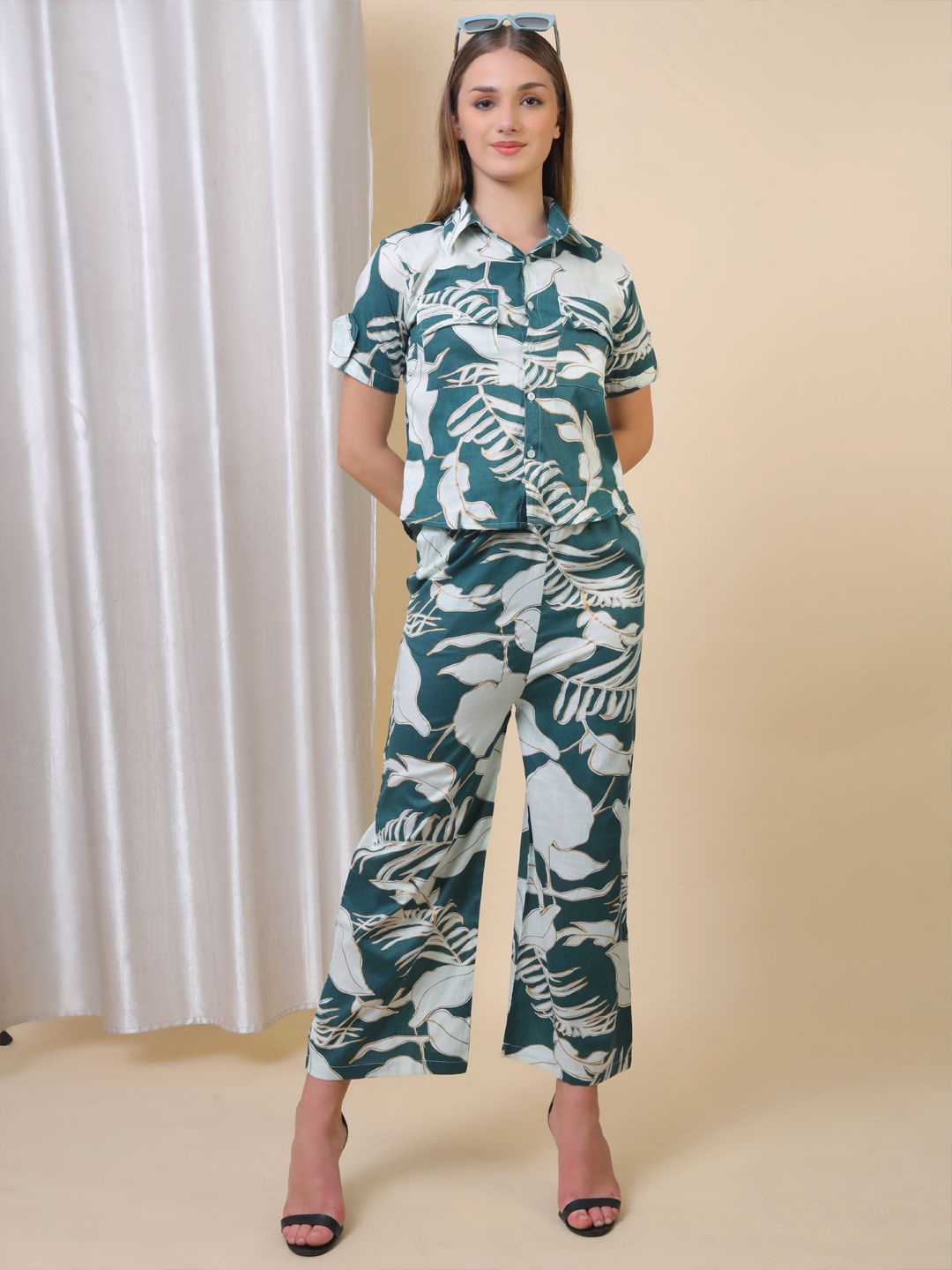 

Softwrap Women Printed Shirt With Trousers Co-Ords, Green
