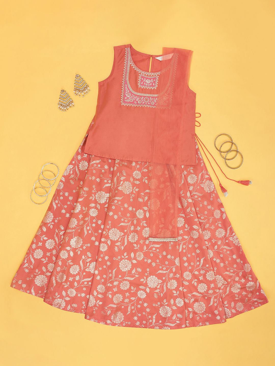 

AKKRITI BY PANTALOONS Girls Embroidered Sequinned Ready to Wear Lehenga & Blouse With Dupatta, Orange